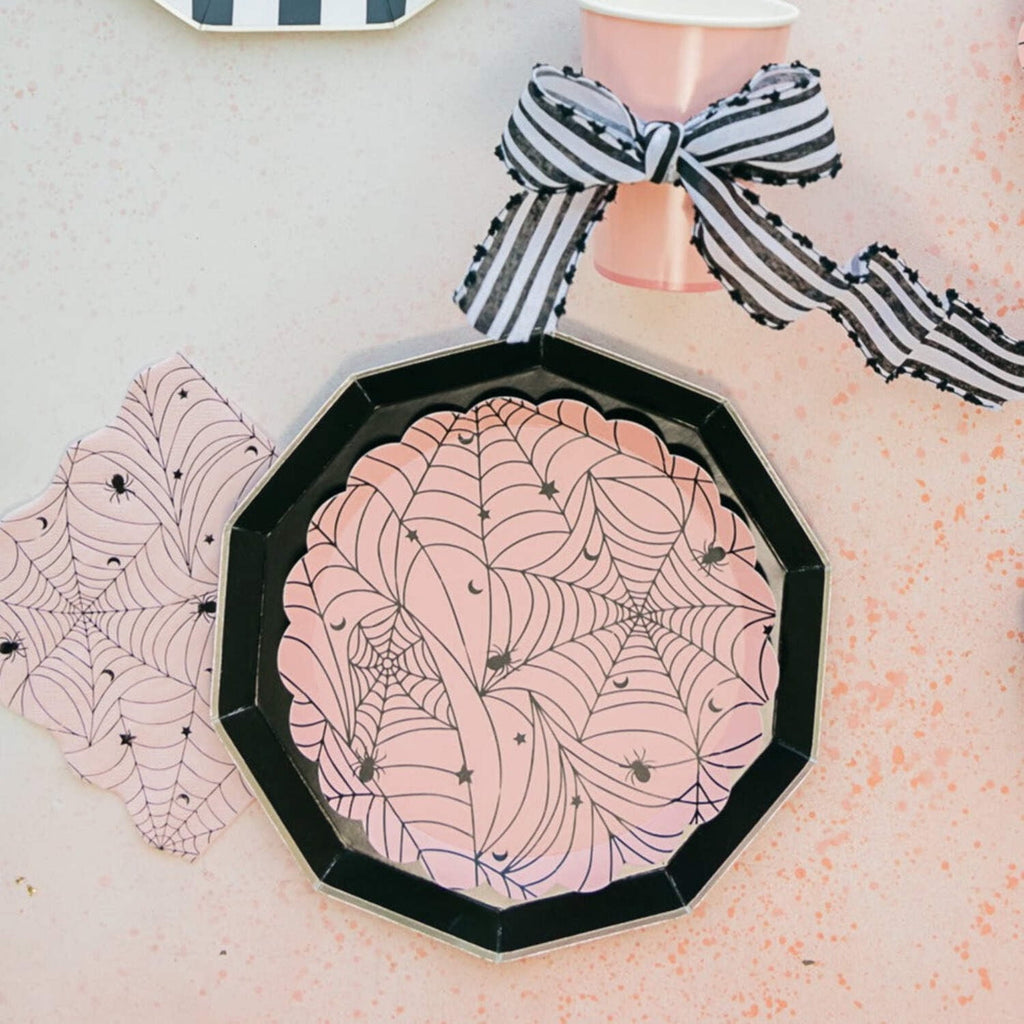 Bonjour Fête Cupids Pink Spider Web Small Paper Plates, Disposable Party Supplies, 8 Count, 8.5 Inch, Halloween