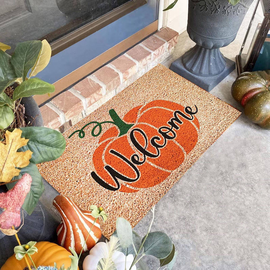 Zhourta Halloween Fall Plaid Outdoor Rug Orange Plaid Outdoor Rug Cotton Hand Woven Check Rug Layered Doormats for Front Door Front Porch Farmhouses Entryway Patio 15.7x23.6 Inch