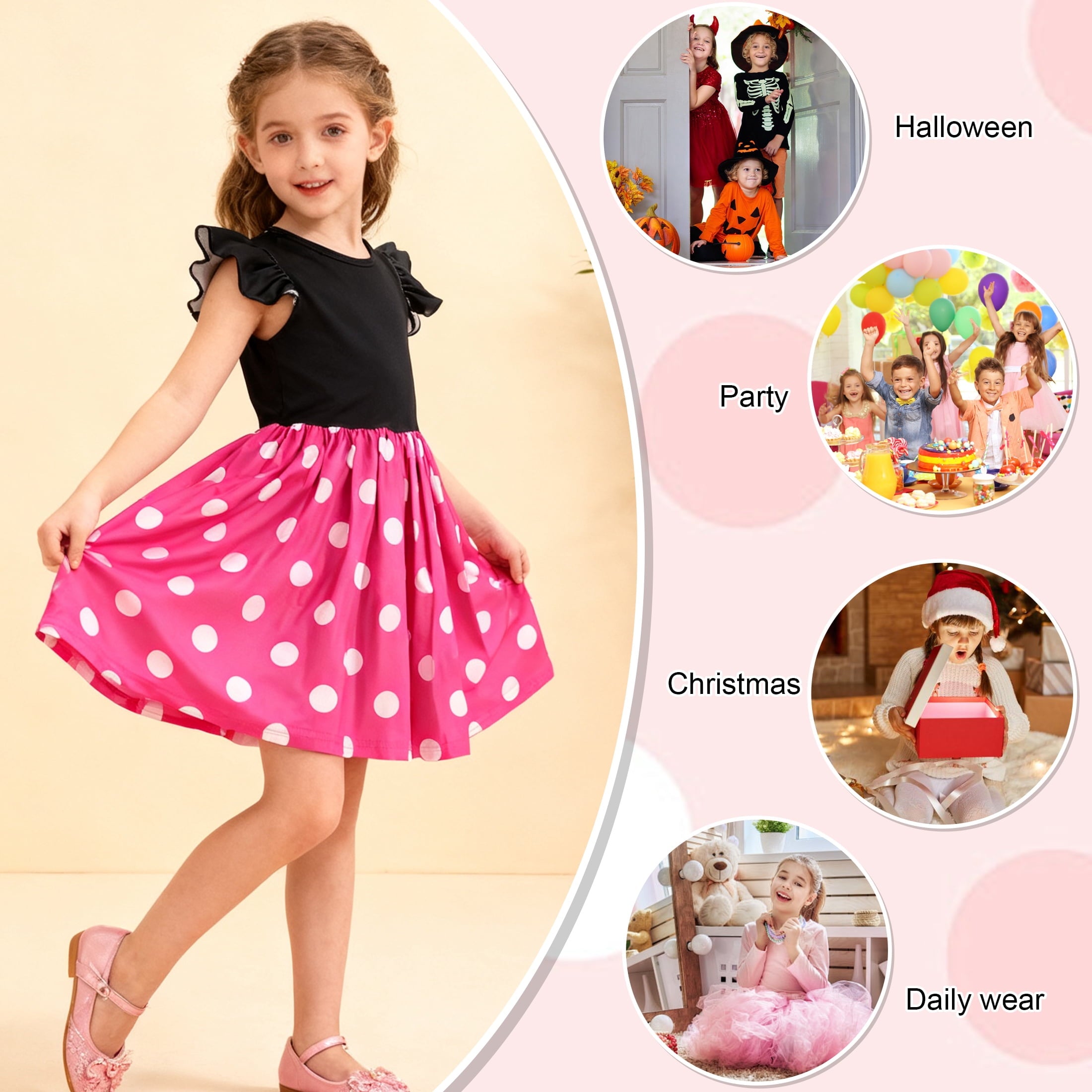 Benylion Toddler Girls Pink Polka Dot Dresses Birthday Party Fancy Dress Up Costume for 7-8 Years