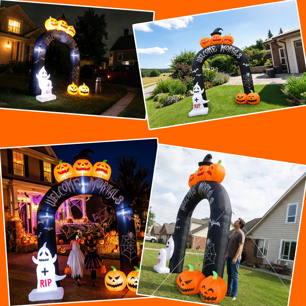 MAGOTAN 9 FT Halloween Inflatables Archway Outdoor Decorations Pumpkin Ghost Archway Halloween Inflatable Blow Up Pumpkin Tombstone Decoration Build-in LED Lights
