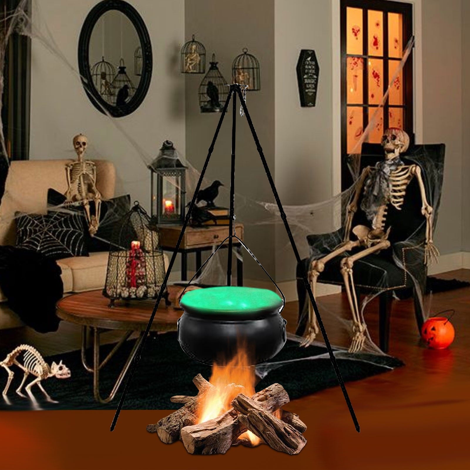 Large Halloween Witches Cauldron with Lights Black Plastic Bowl Outdoor Decor,Halloween Party Decorations,Large Witches Cauldron on Tripod with Lights,for Patio Garden Lawn Decor