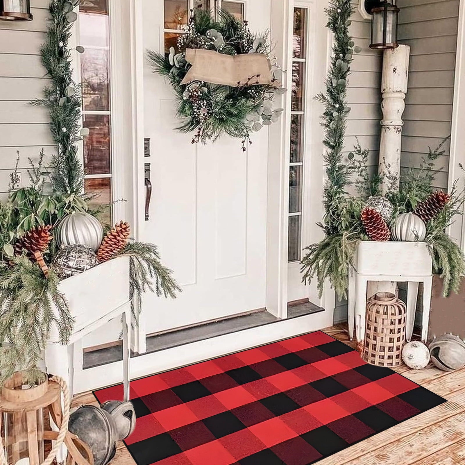 Guozer Fall Outdoor Rug Orange Plaid Outdoor Rug Cotton Hand-Woven Check Rug Layered Doormats For Front Door/Front Porch/Farmhouses/Entryway/Patio 23.6''x 35.4''