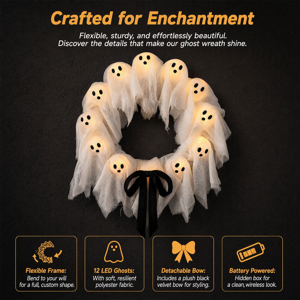 Halloween Glowing Ghost Wreath, Light-up Spooky Wreath with 12 Ghost Decor, RC, 6H Timer, Ideal for Halloween Party (A 12x3inch)