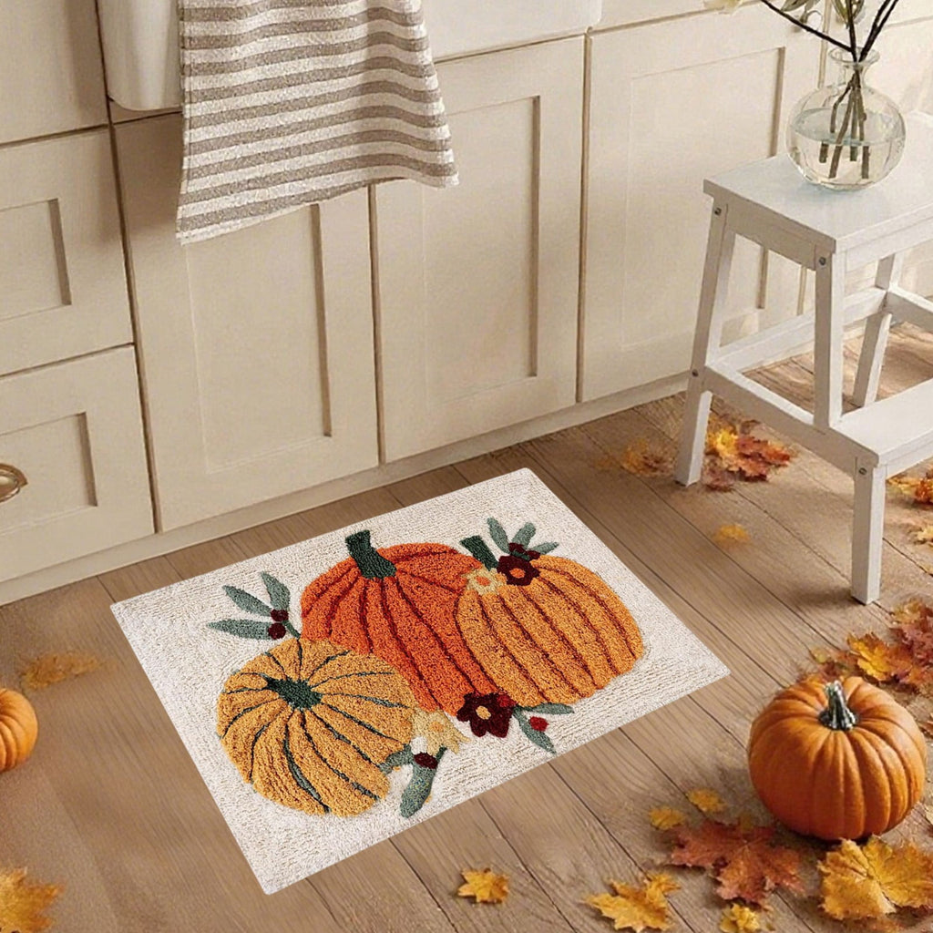 Fall Bathroom Rug Cute Pumpkin Shape Bath Mat Autumn Orange Non Slip Shower Rugs Foot Mat Front Door Mat Carpet Floor Rug for Kitchen Bedroom Living Room Family Decor