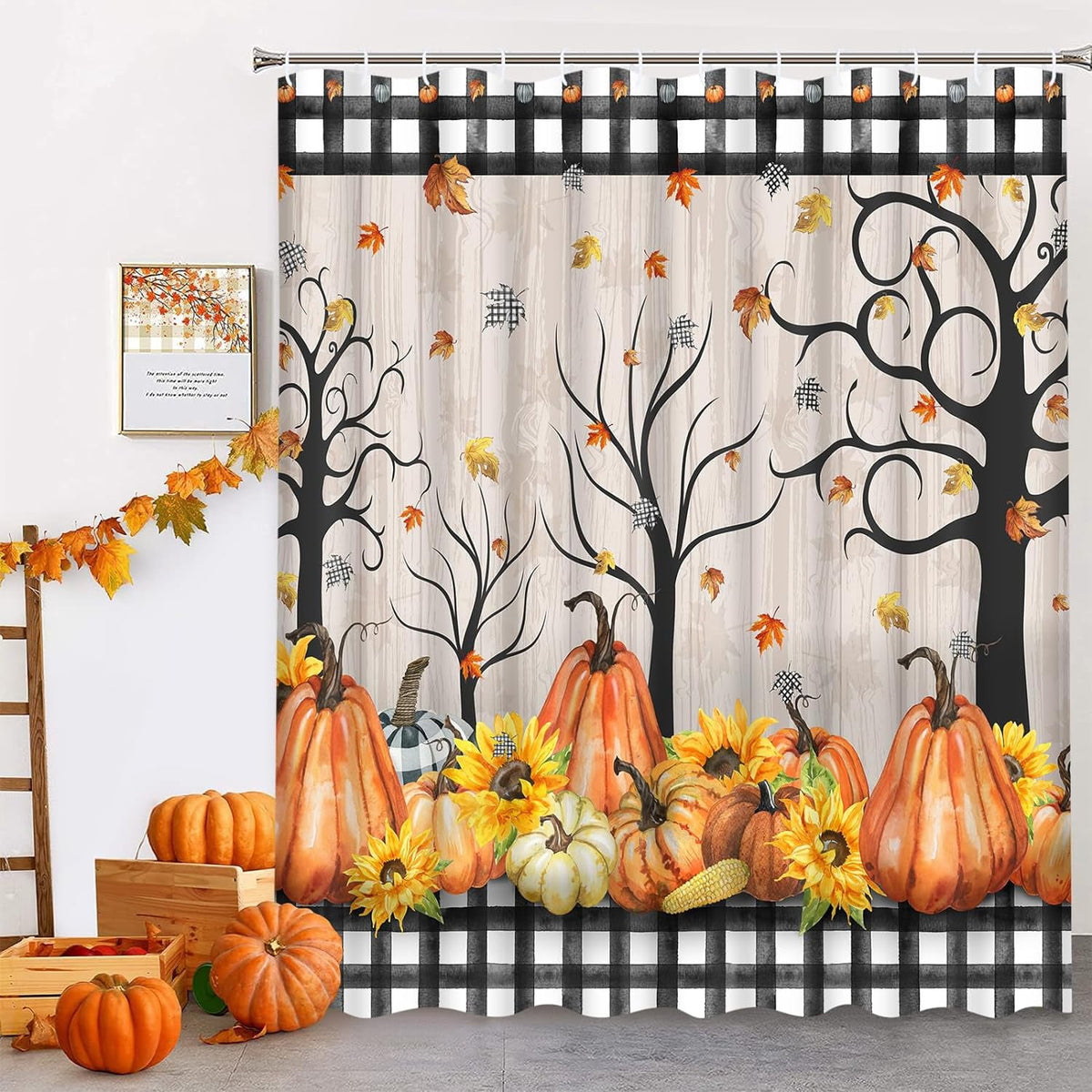 FRAMICS 16-Piece Fall Shower Curtain Sets with Rugs, Maple Leaves Pumpkin Bathroom Sets, Waterproof Fabric Bathroom Curtain Decor with Hooks