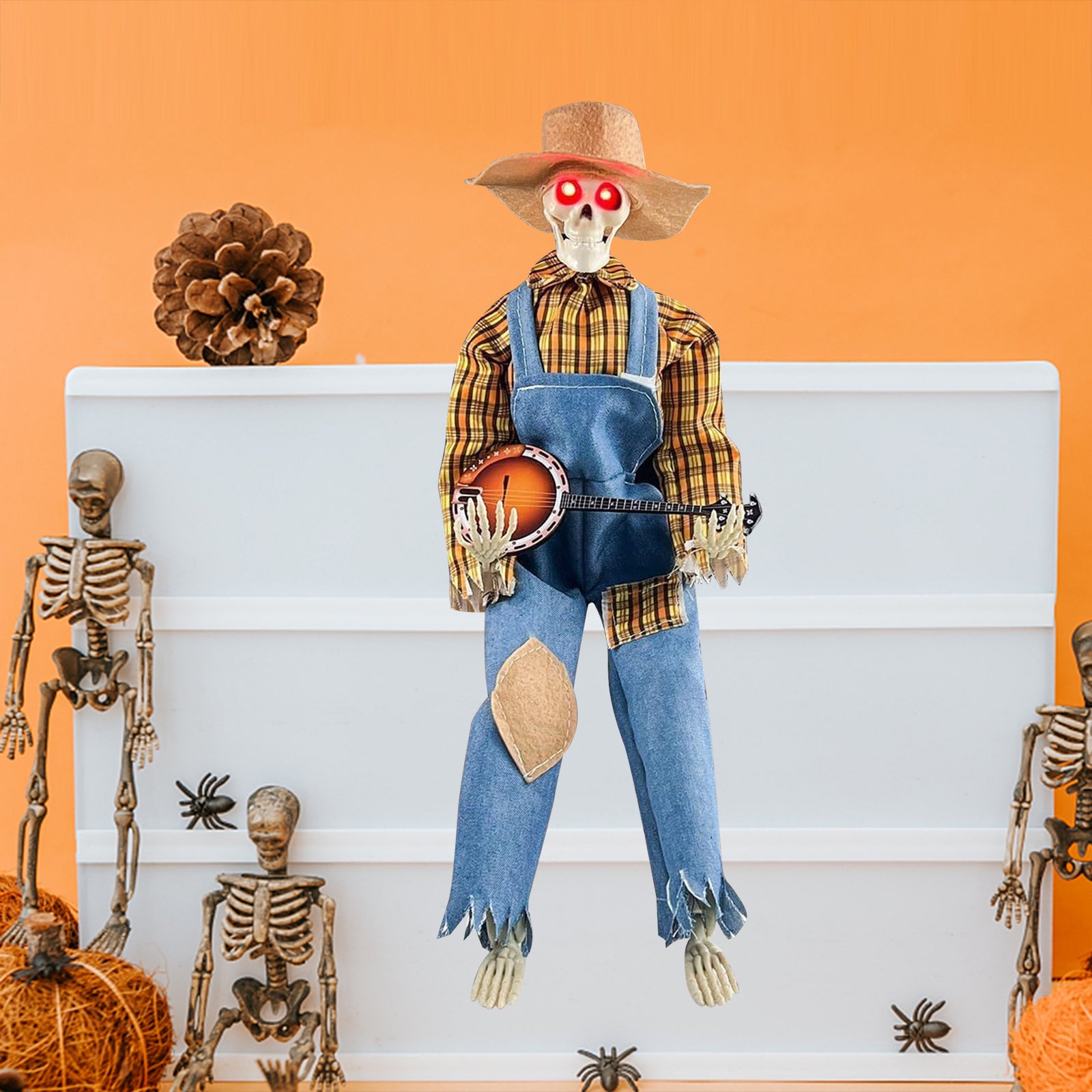 15" Animated Banjo Cowboy Skeletons with Clothes and Hat for Party Shelf Halloween Decorations(Red)