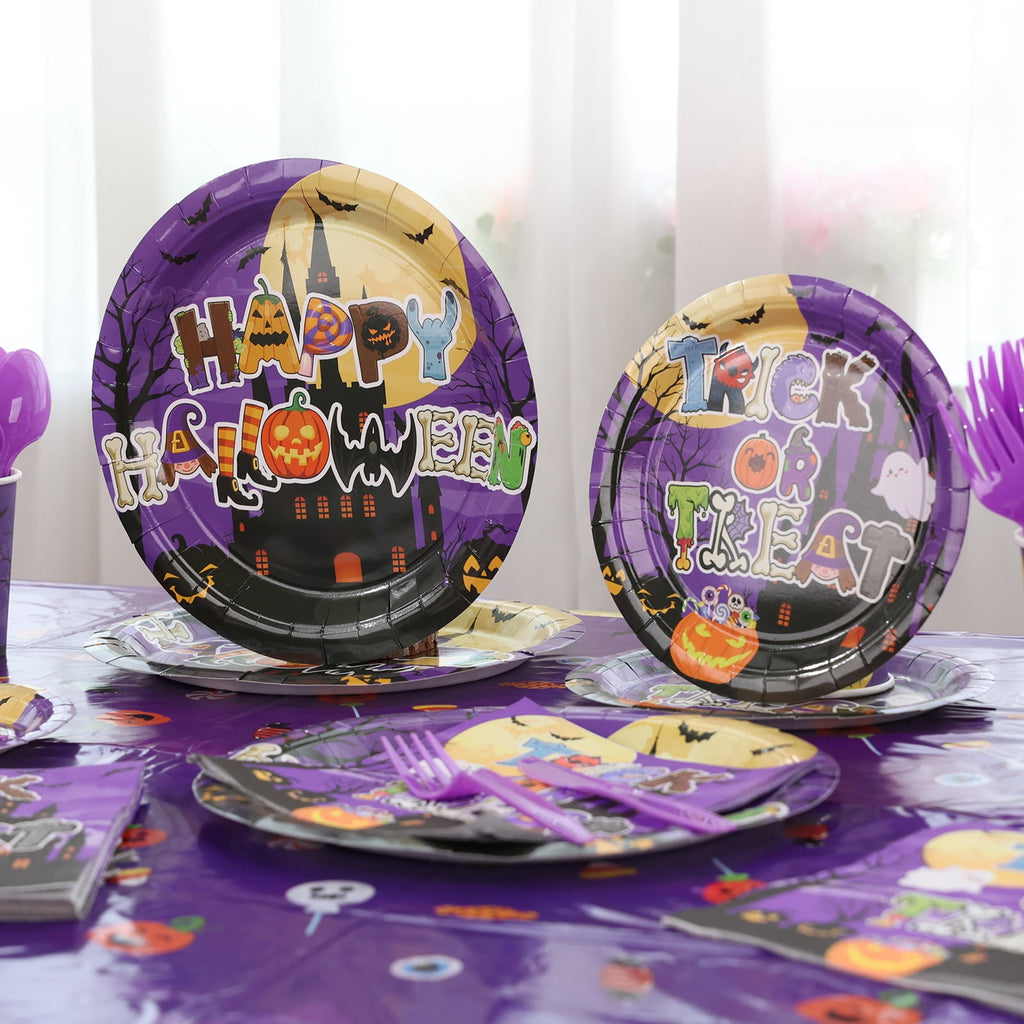 YIBAGA Halloween Party Supplies 194 PCs Serve 24, Ghost Pumpkin Witch Paper Plates Napkins Cups Tablecloth Banner Party Decor
