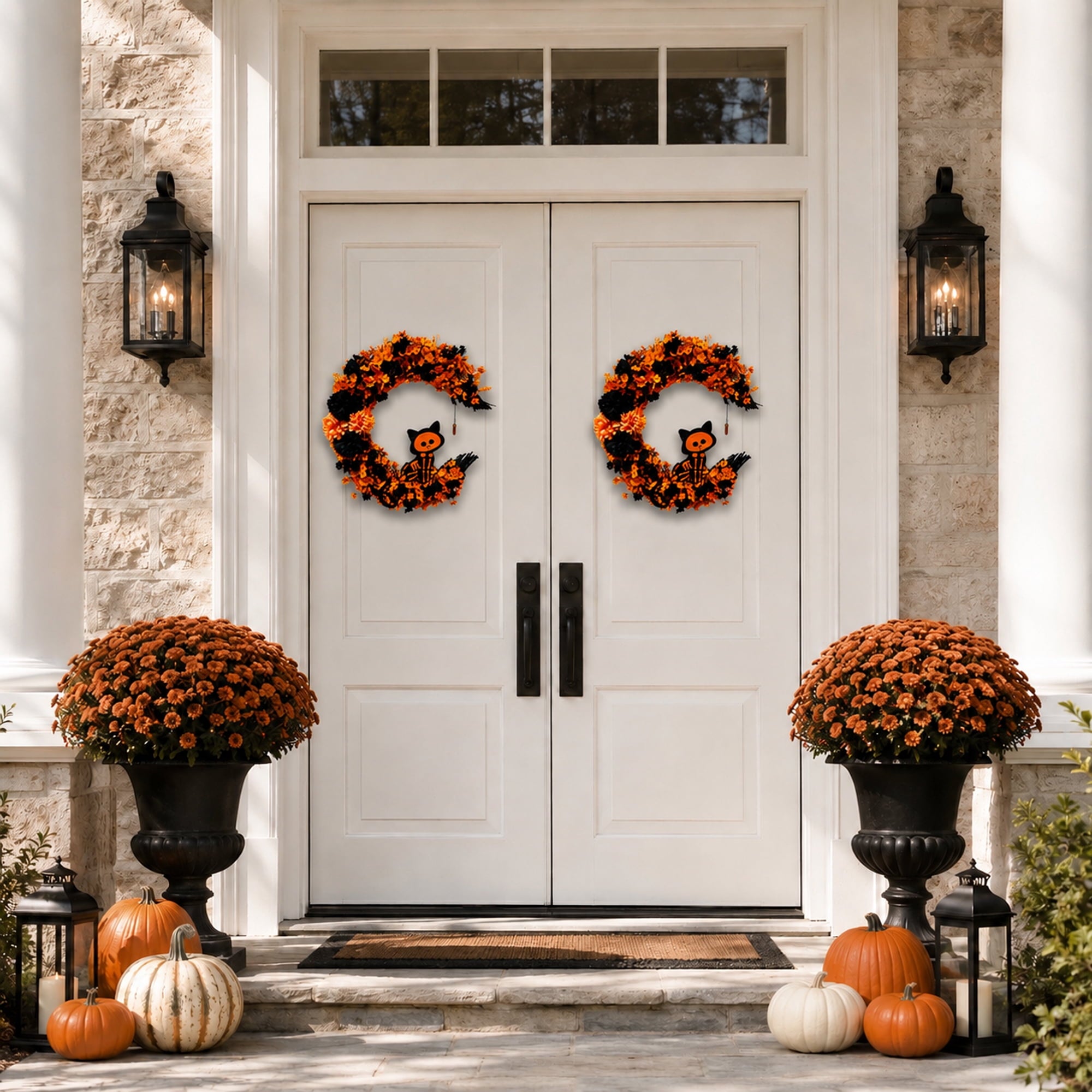 15.7" Artificial Halloween Skeleton Cat Moon Wreath, Orange Black Floral Crescent Decor for Front Door, Porch & Wall, Plastic & Fabric