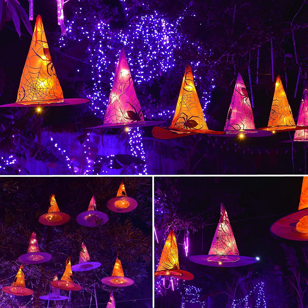 Halloween Decorations 8 Pcs Lighted Hanging Witch Hats, Remote Control with 8 Modes Light Up 14 FT Halloween String Lights, for Indoor Outdoor Yard, Lawn, Graveyard Scenes Party