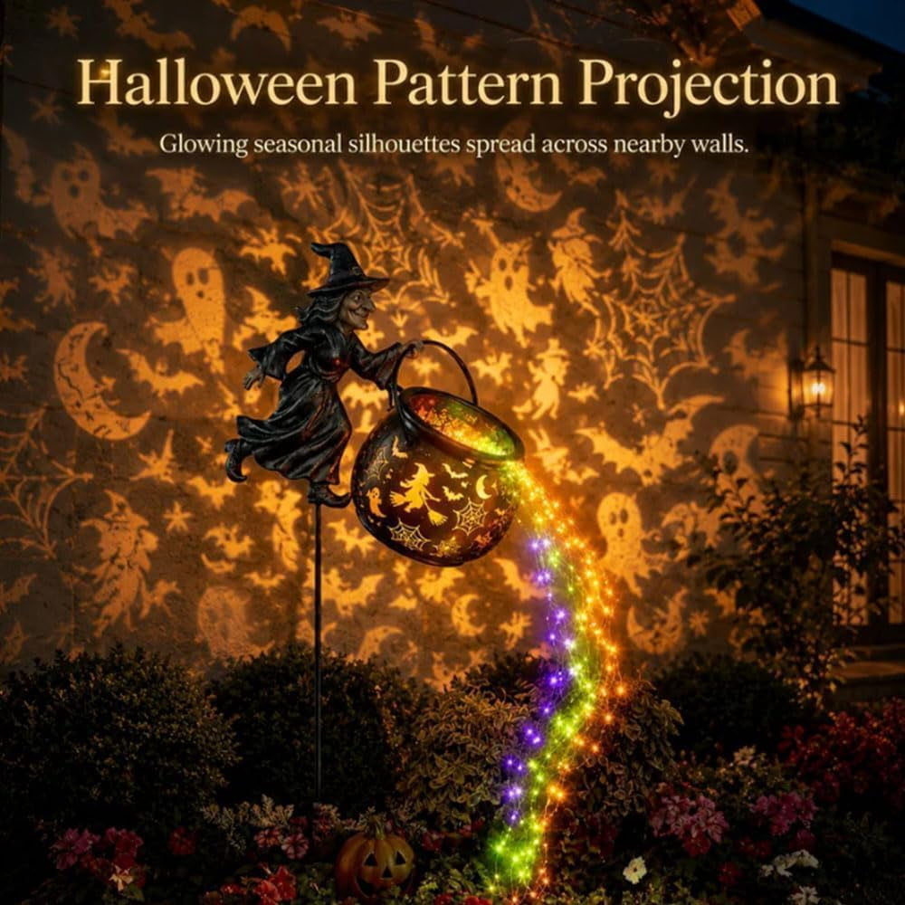 Light up Halloween Decor - Witch Cauldron Garden Light with Stake, Multicolor Potion Cascade & Cutout Shadow Projection, Outdoor Yard for Porch Lawn Patio, Party & Seasonal Display