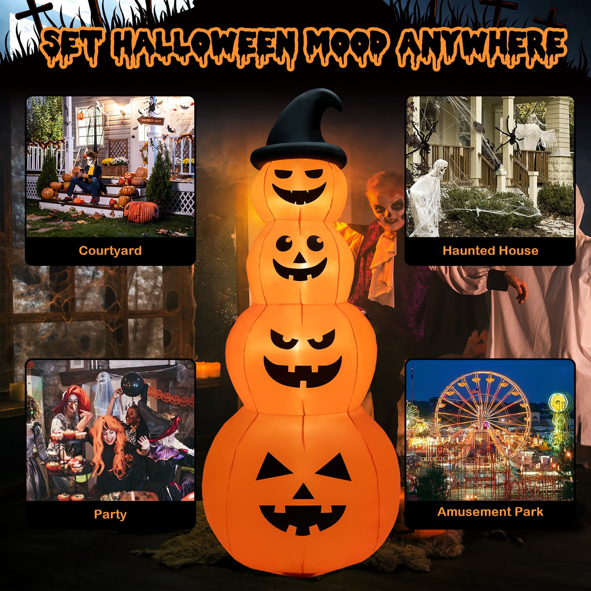 Costway 8FT Halloween Inflatable Stacked Pumpkins Blow-up Holiday Decoration w/ LED Lights