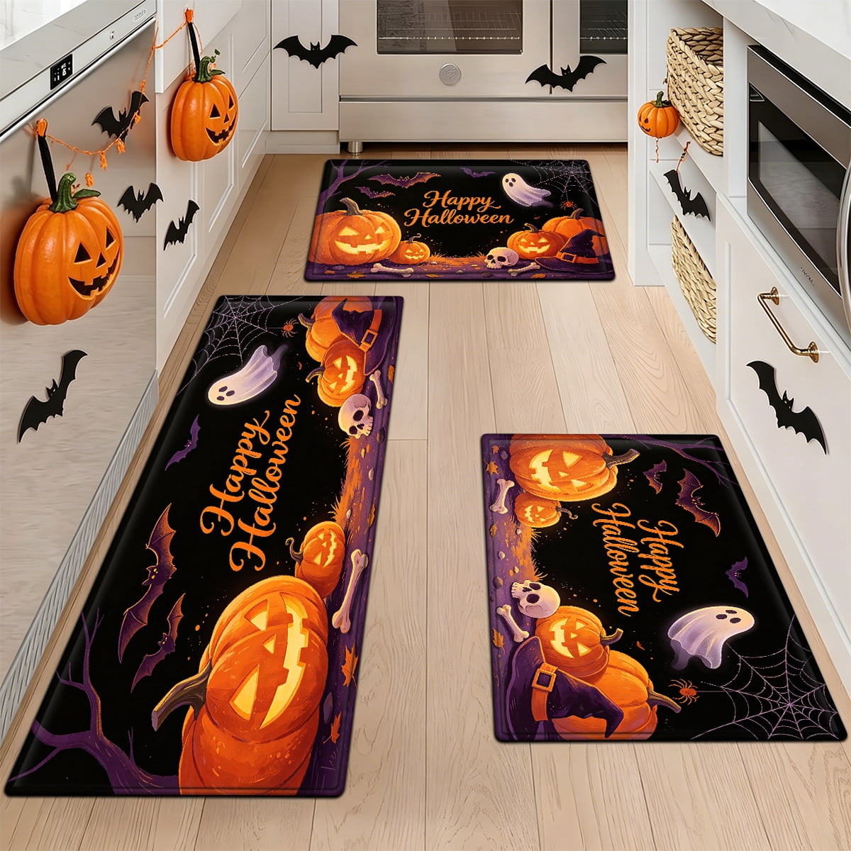 YIMEIS Halloween Pumpkin Lantern 3Pcs Flannel Mat & Kitchen Rugs Set,16''×24'' 20''×30'' 17''×47'' Inches,Soft Non-slip for Home Bathroom