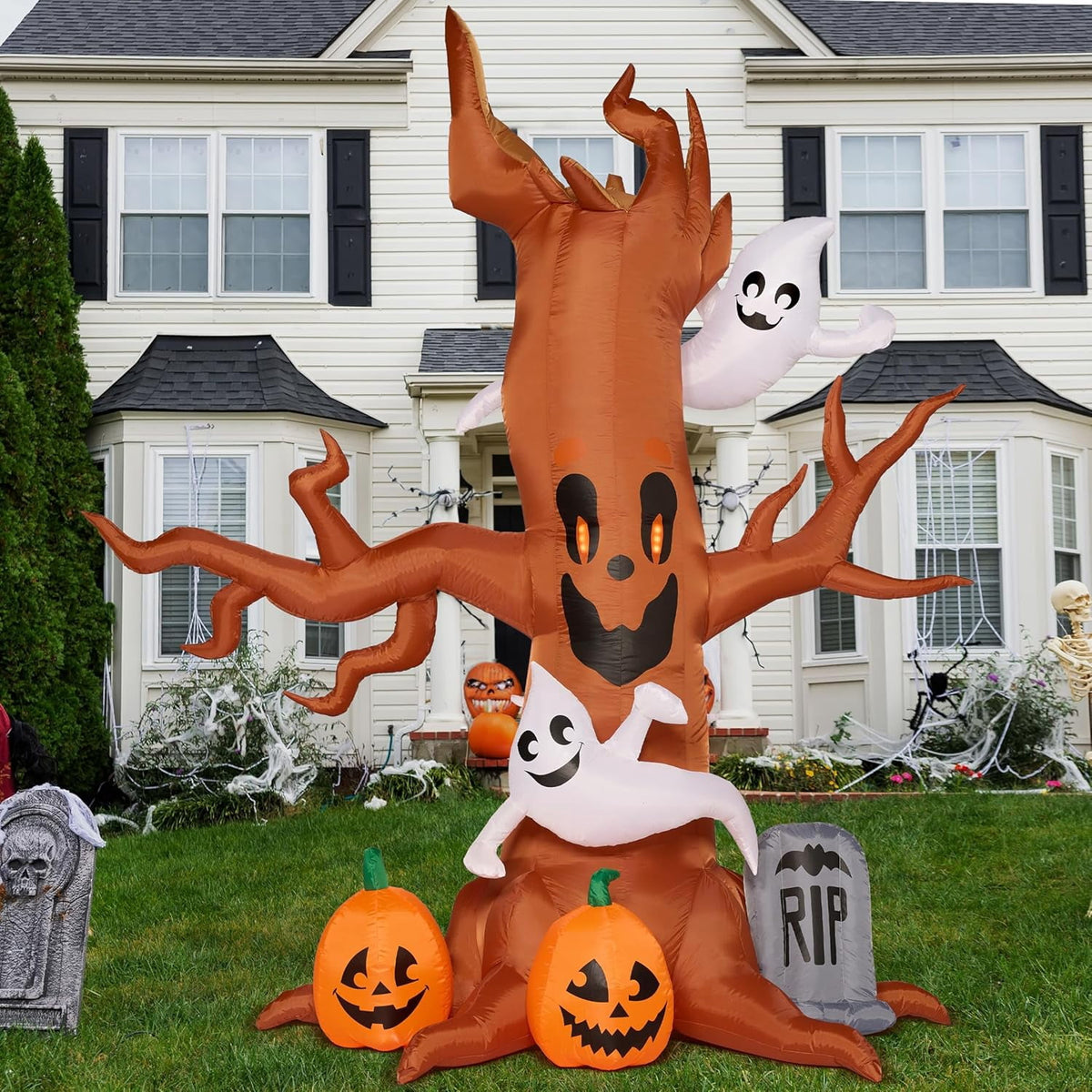 Joyfy 8 FT Halloween Inflatables Spooky Tree with Ghost,Pumpkin & Tombstone Tree Blow Up Decor with Built-in LED Lights for Yard,Lawn,Garden,Party,Holiday Outdoor Decorations
