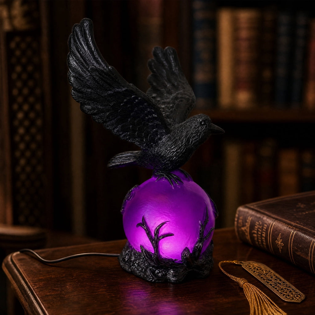 Gothic Mysterious Crow LED Light Luminous Sculpture, Resin Gothic Home Decor Accent, Raven Lamp for Halloween Gift, Bedroom Bedside, Living Room