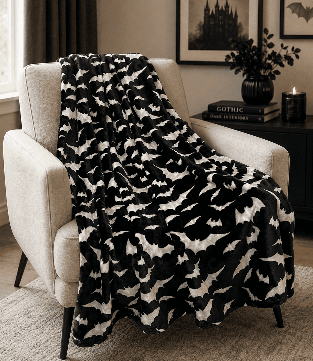 Serafina Home Halloween Throw Blanket: Fuzzy Boo! Jack O'Lantern Spider Webs Skull and Black Cats Print on Velvet Fleece for Sofa Bed Couch Chair Dorm