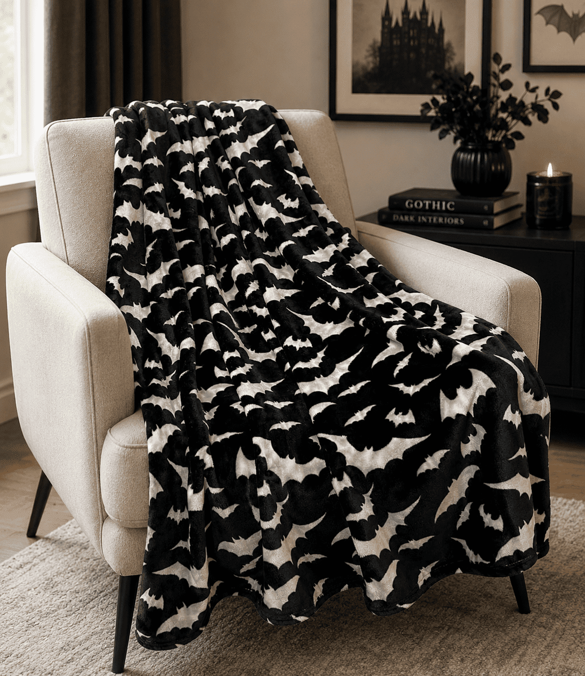 Serafina Home Halloween Throw Blanket: Fuzzy Boo! Jack O'Lantern Spider Webs Skull and Black Cats Print on Velvet Fleece for Sofa Bed Couch Chair Dorm