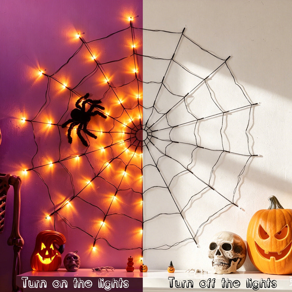 DAYBETTER Halloween Spider Web Lights, 4FT Purple LEDs with Hairy Black Spider, Remote Control, Waterproof for Indoor, Outdoor, Halloween Decor
