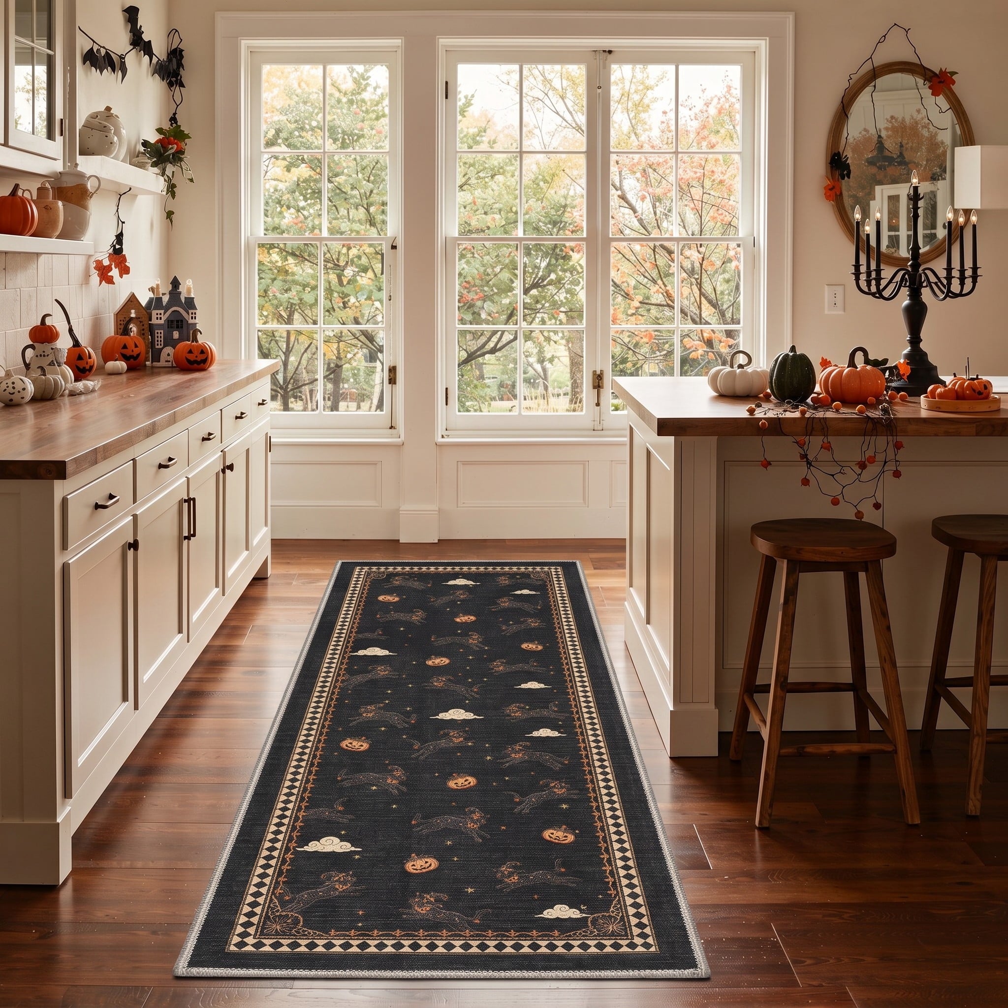 GENIMO 2'x3' Halloween Doormat, Washable Non Slip Soft Whimsical Cat Outdoor Door Mat for Front Door Covered Porch Patio Entryway, Vintage Black