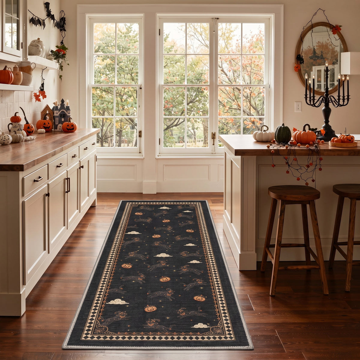 GENIMO 2'x7' Halloween Runner Rug, Washable Non Slip Soft Whimsical Skeleton Indoor Outdoor Hallway Runner for Porch Patio Kitchen Entryway, Charcoal Black