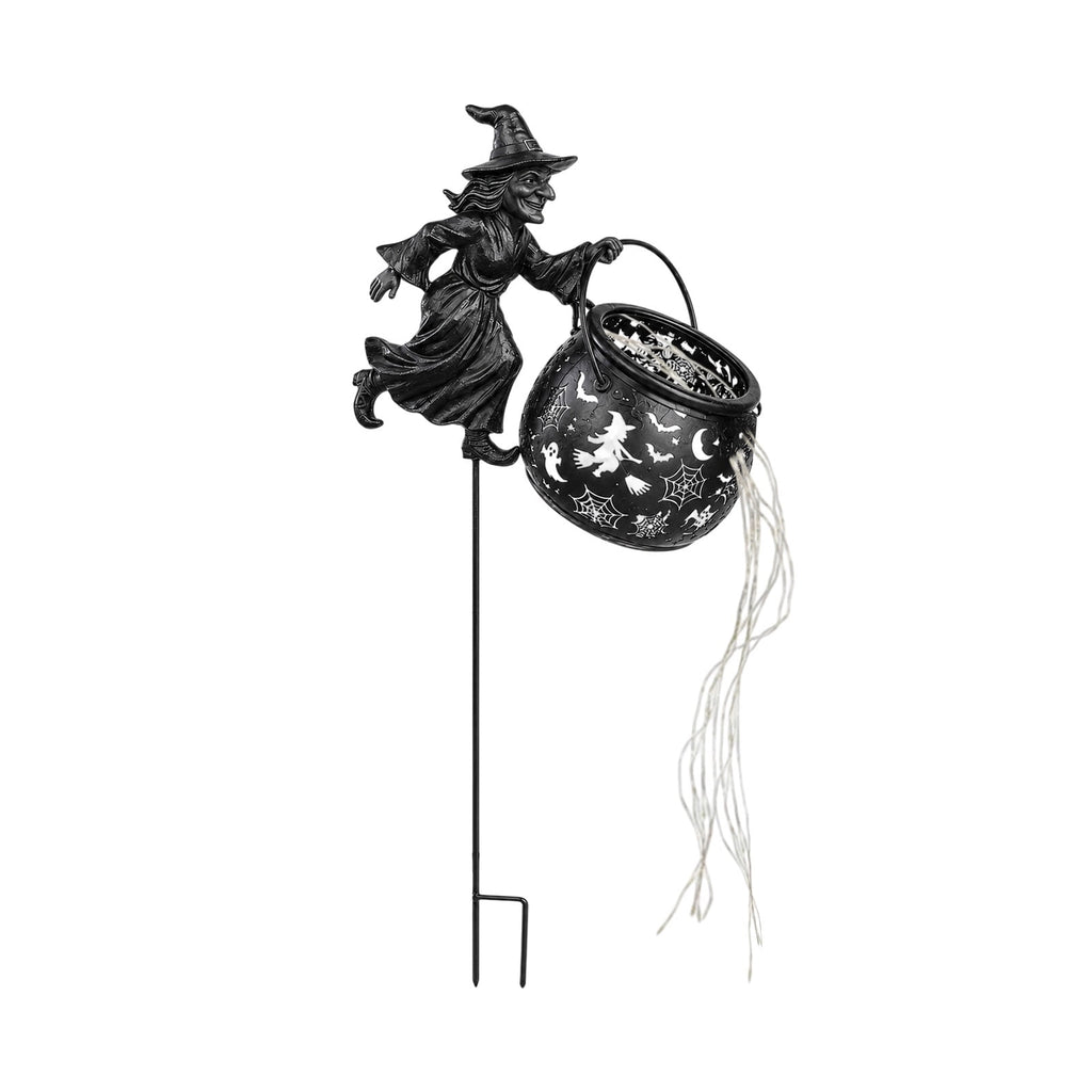 Halloween Witch Cauldron Garden Light, Solar Powered Halloween Projector Outdoor Decoration with Flying Witch and Lighted Cauldron, Witch Light Stake for Lawn Garden Porch Yard Decor, Style D