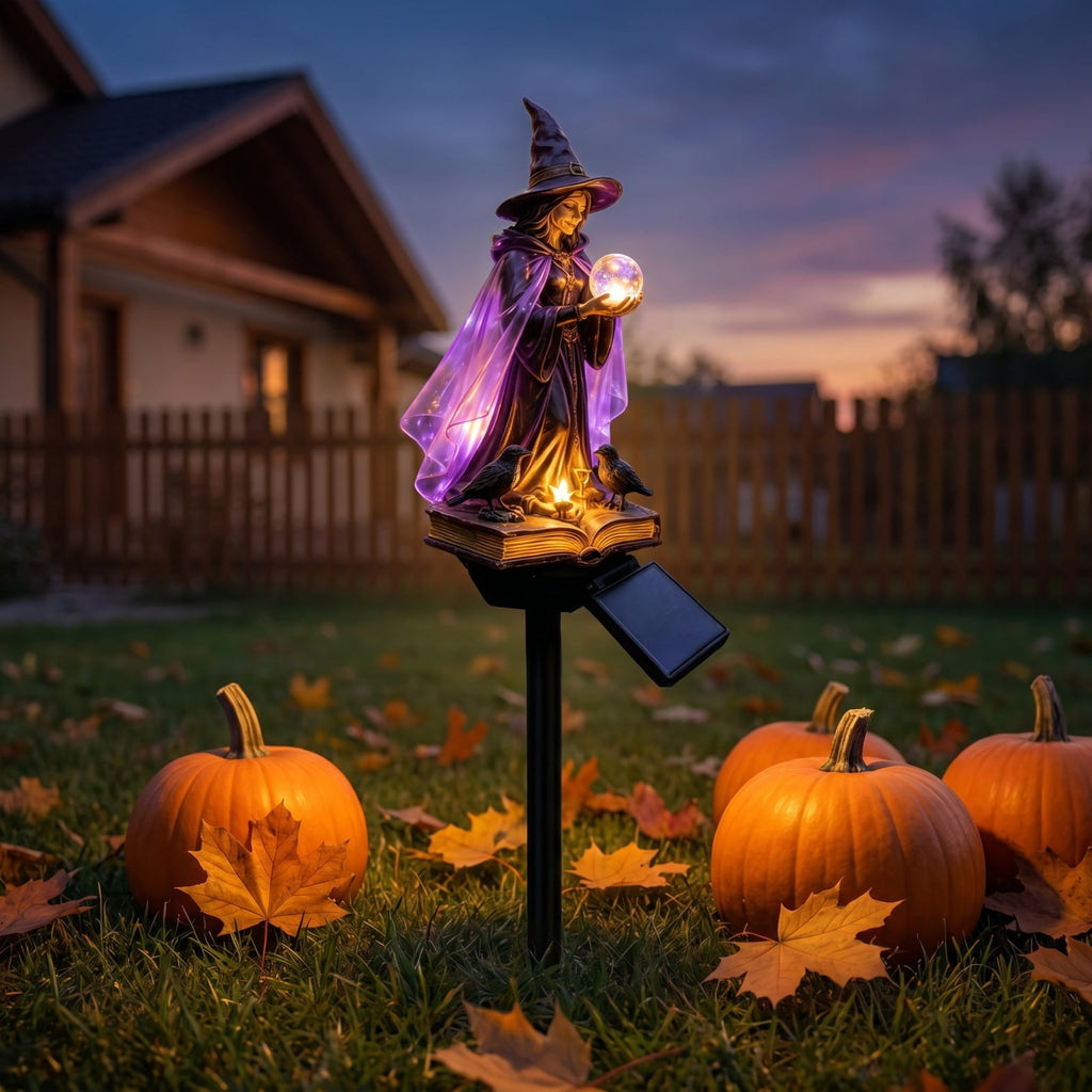 Halloween Witch Cauldron Garden Light, Solar Powered Halloween Projector Outdoor Decoration with Flying Witch and Lighted Cauldron, Witch Light Stake for Lawn Garden Porch Yard Decor, Style D