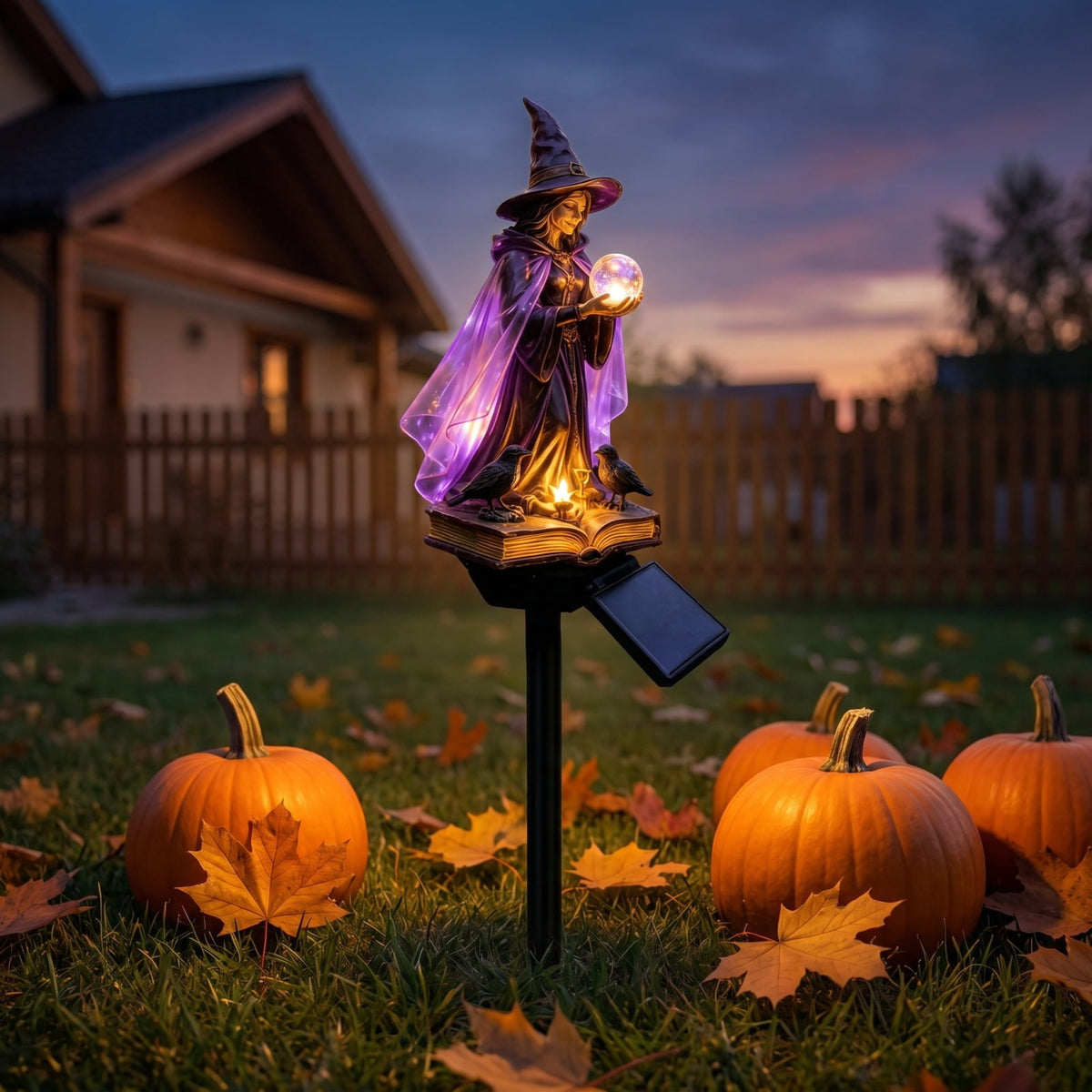 Halloween Witch Cauldron Garden Light, Solar Powered Halloween Projector Outdoor Decoration with Flying Witch and Lighted Cauldron, Witch Light Stake for Lawn Garden Porch Yard Decor, Style D