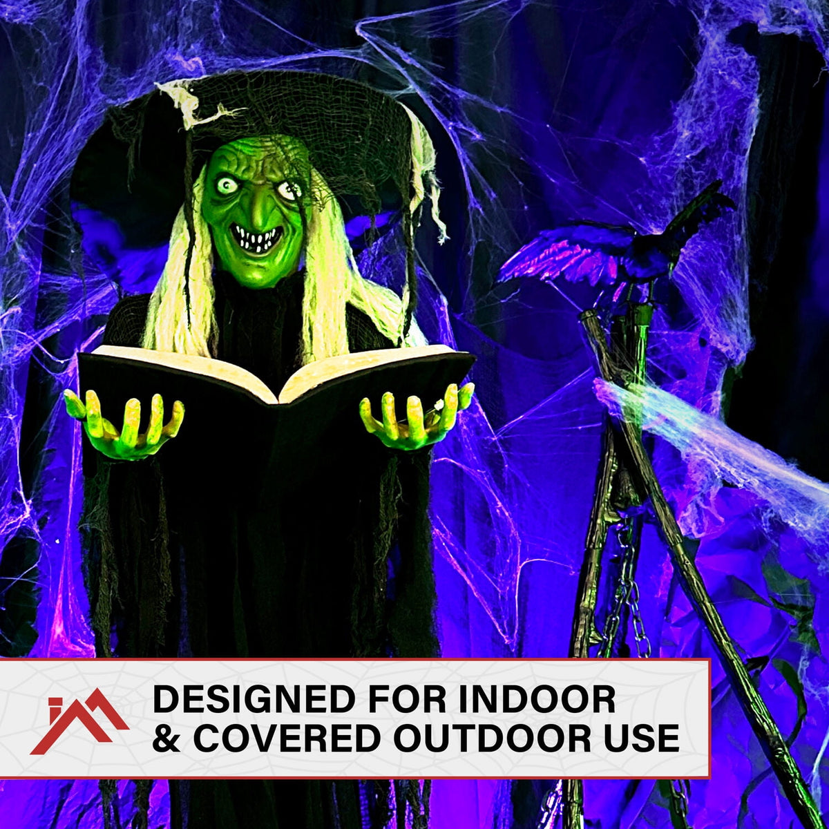 Haunted Hill Farm 5.5 ft Poseable Witch with Spell Book, Lights and Sound, Indoor/Covered Outdoor Halloween Decoration, HHWITCH-9FLS