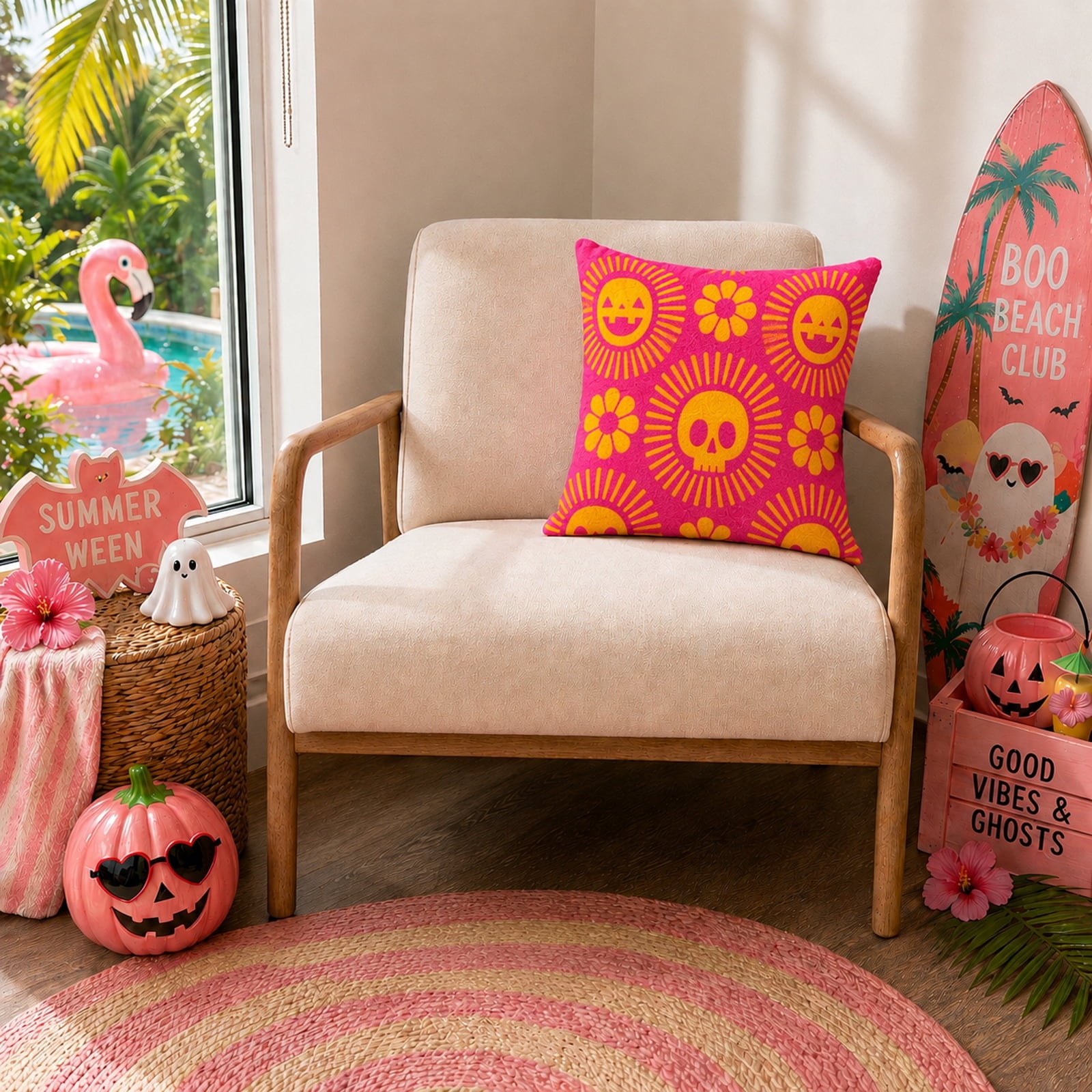 Summerween 18"x18" Plush Decorative Pillow, Vacation Ghosts