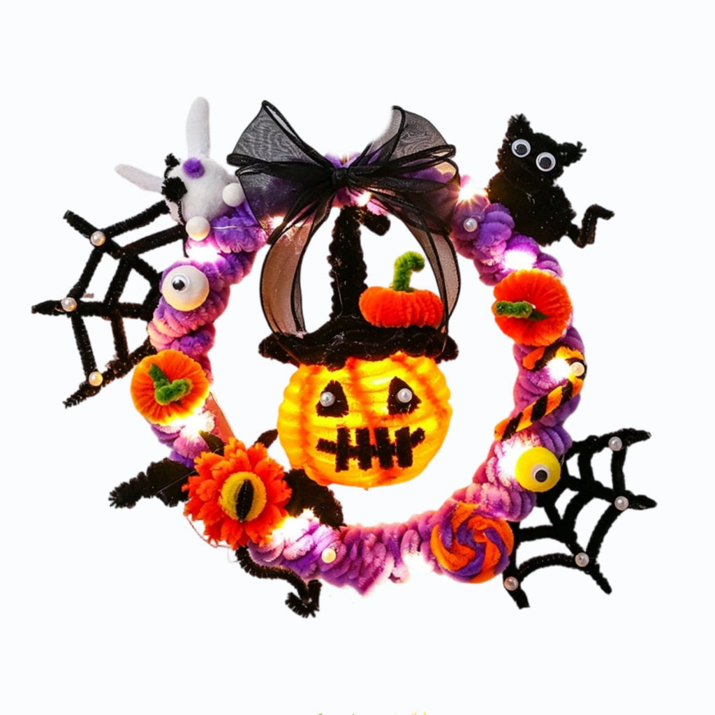 WWC Halloween Wreath, Orange LED Pumpkin and Bats Wreath, Gothic Halloween Decorations Wreath for Front Door, Indoor Outdoor Party Decor