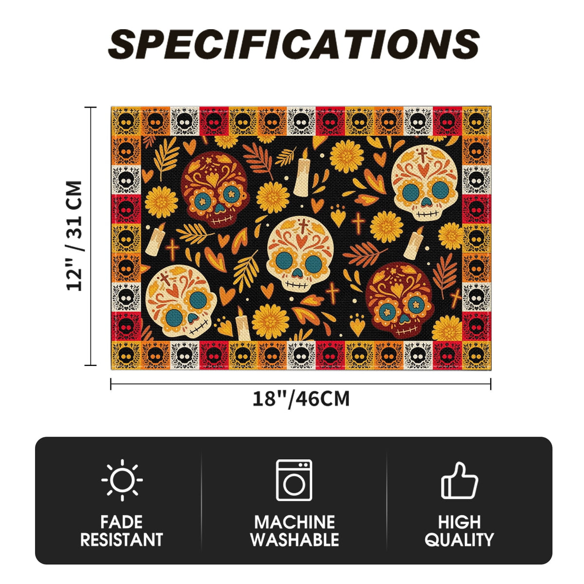 Smile Jack-O'-Lantern Spider Web Halloween Table Placemats Set of 4 Round 15 Inch Black