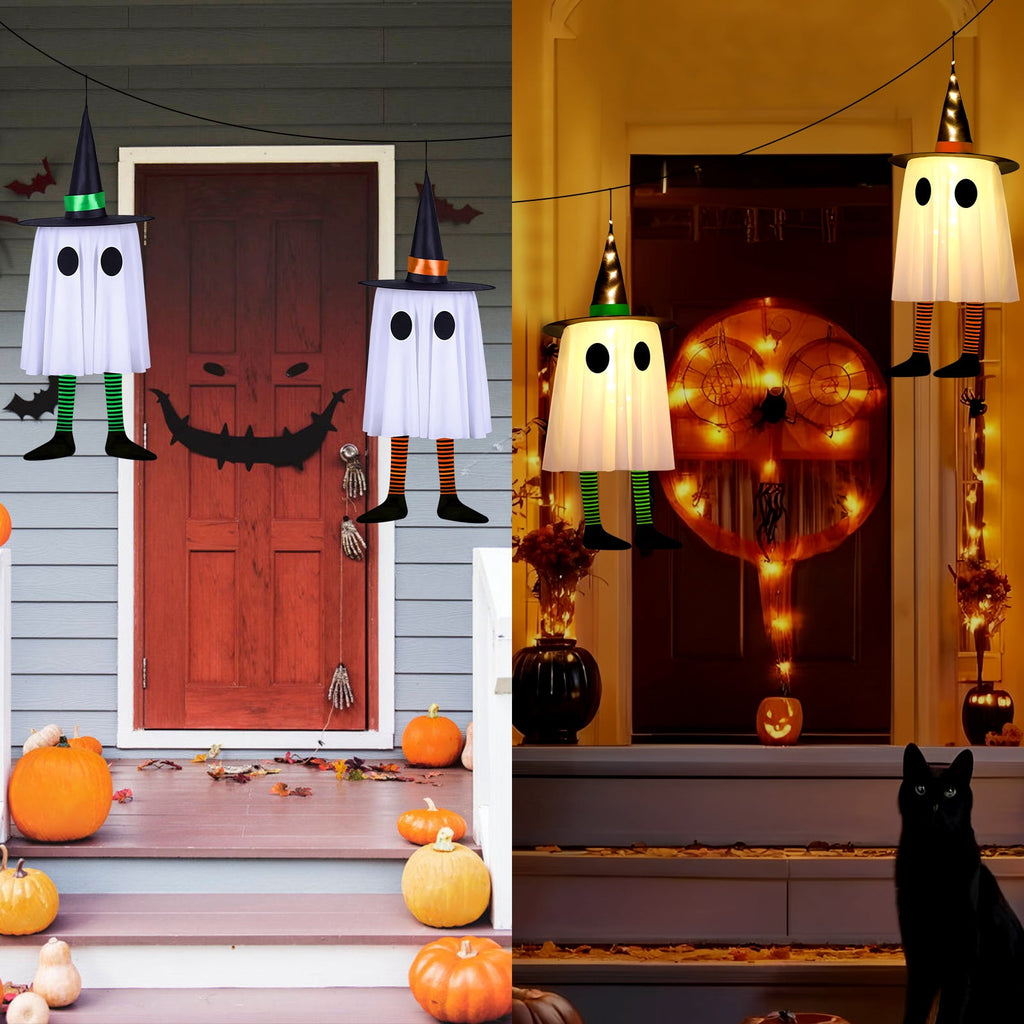 Qoosea 3 Pack Halloween LED Lights Witch Hat Ghost Hangers, Purple/Green/Orange, 3 Lighting Modes, Waterproof Battery Case, Halloween Decorations