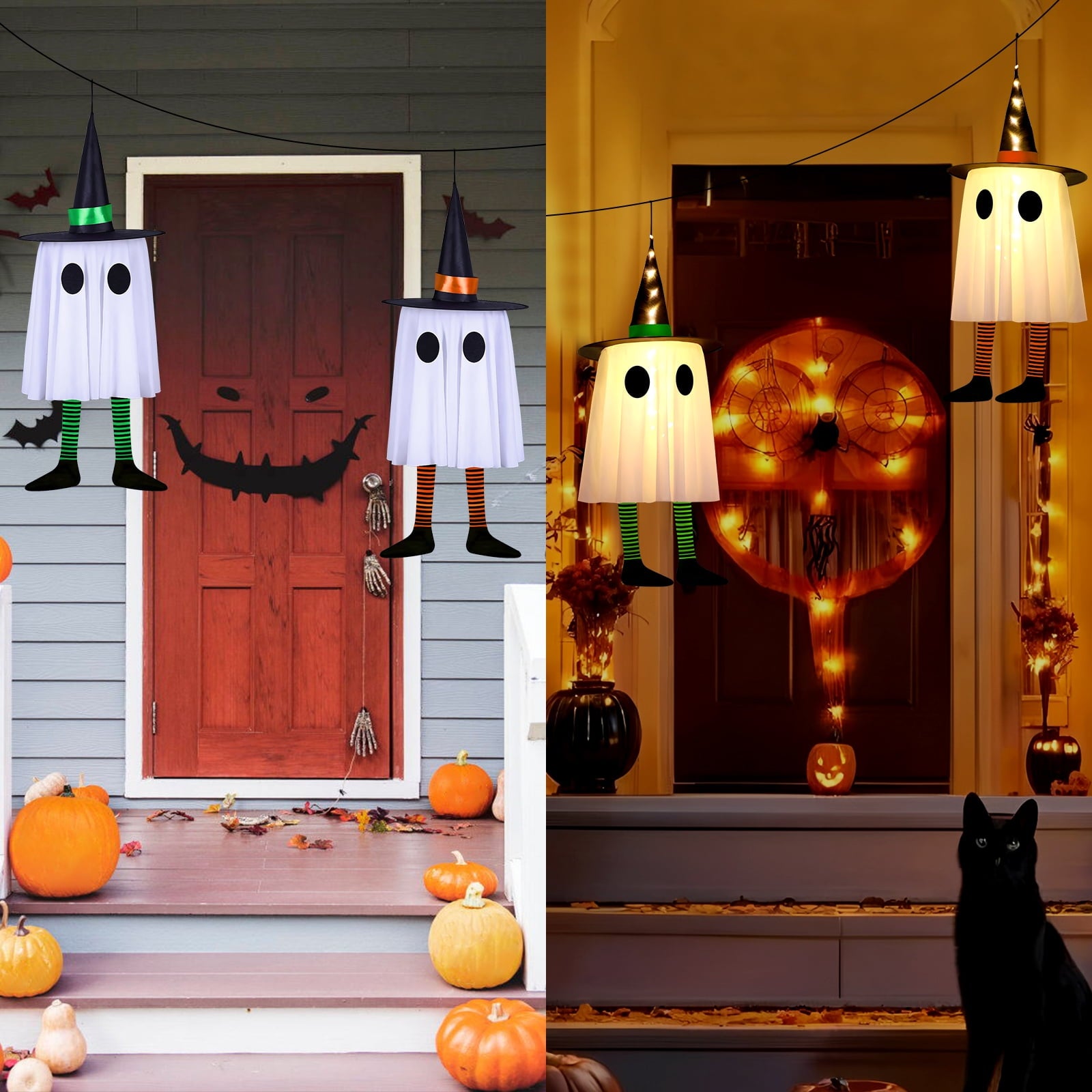 Qoosea 3 Pack Halloween LED Lights Witch Hat Ghost Hangers, Purple/Green/Orange, 3 Lighting Modes, Waterproof Battery Case, Halloween Decorations