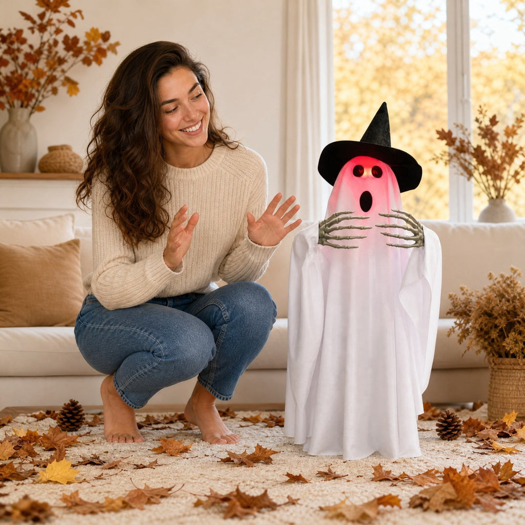 ShengapQ Halloween Luminous Voice Walking and Rotating Ghost, Interactive Voice-Activated Decoration, Spinning Light-Up Halloween Figure, Spooky Animated Ghost for Home and Yard Decor
