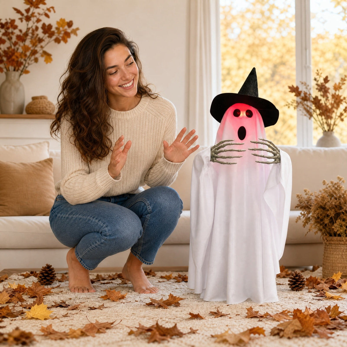 ShengapQ Halloween Luminous Voice Walking and Rotating Ghost, Interactive Voice-Activated Decoration, Spinning Light-Up Halloween Figure, Spooky Animated Ghost for Home and Yard Decor