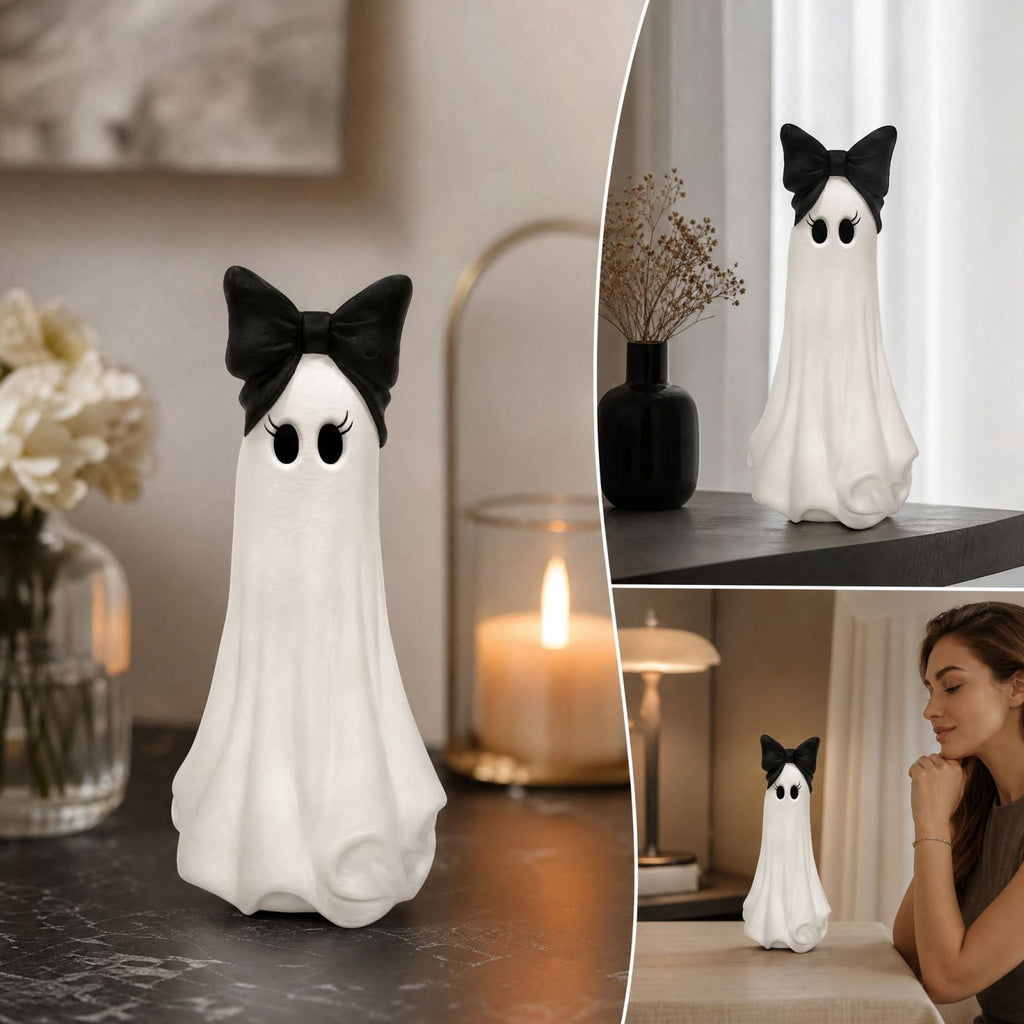 Clearance Halloween Ghost Resin Figurine with Black Cat & Pumpkin Candy Bowl 10“- Cute Spooky Tabletop Decor for Home Mantel, Shelf, and Indoor Fall Display