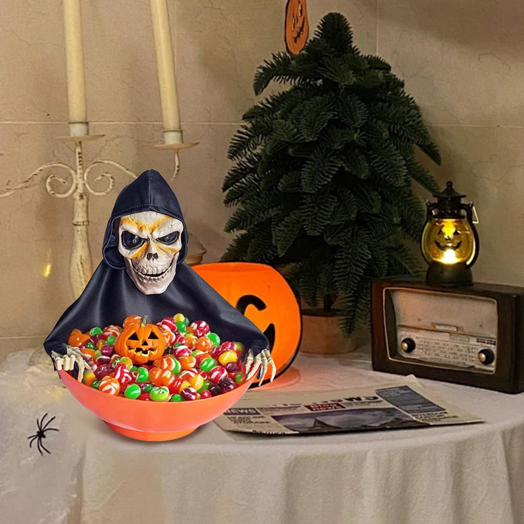 Animated Halloween Candy Bowl - Motion-Activated Skull with LED Eyes & Sound - Screaming Trick or Treat Candy Dish for Prank Decor