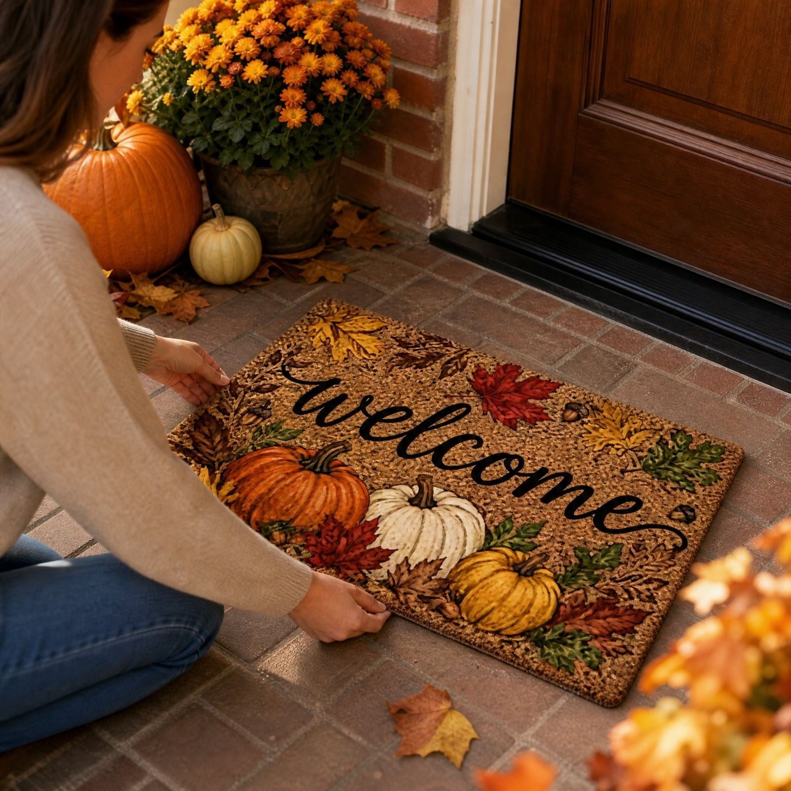 syligr Halloween Thanksgiving Doormat with Maple Leaf & Pumpkin Patterns - Non-Slip Floor Mat for Entryway, Kitchen, Porch, Fall Harvest Decor Rug with Anti-Fatigue Backing, Gift for Thanksgiving