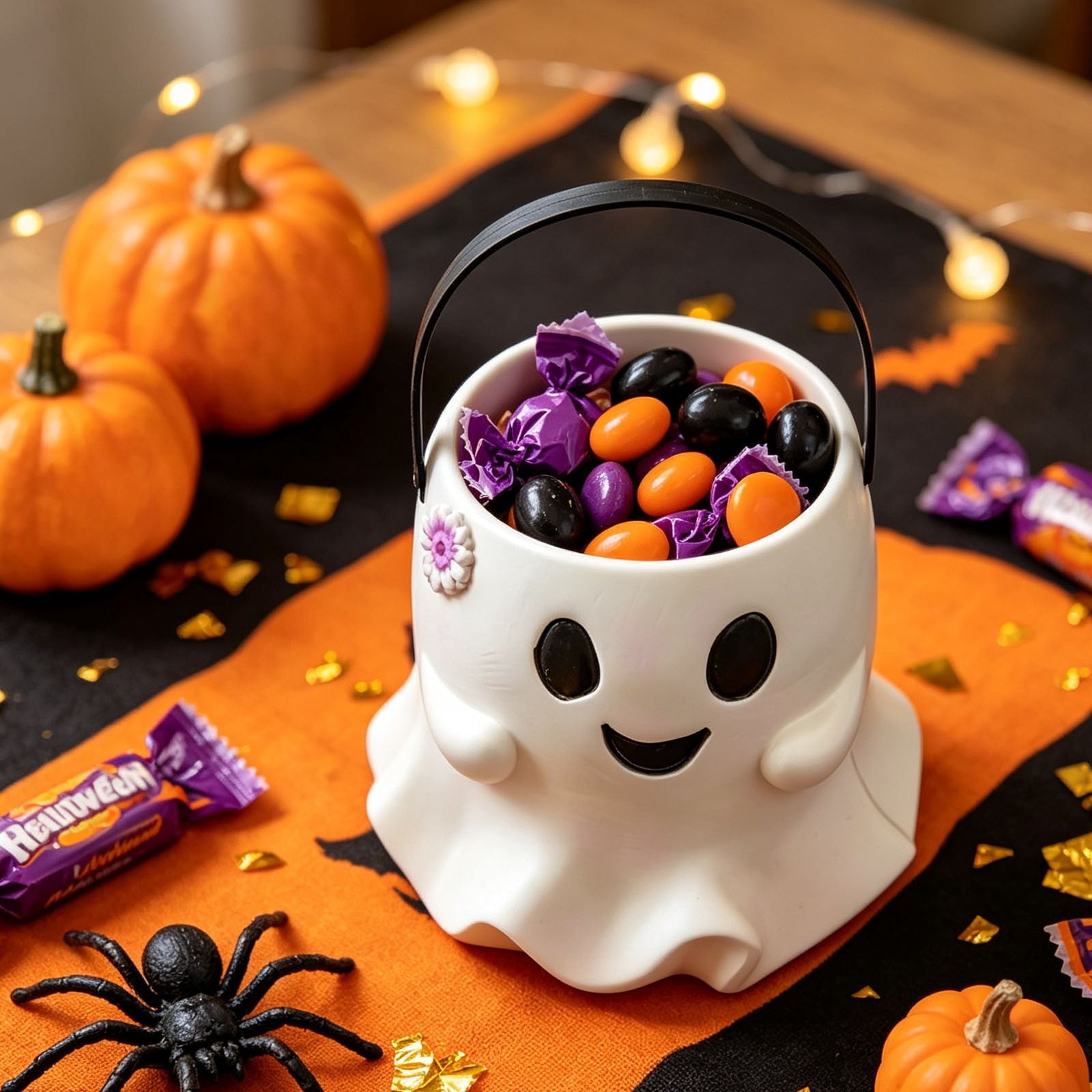 Diceymbol Halloween Pumpkin Snack Bowl Stand Collapsible Broomstick Candy Tray for Cupcakes & Desserts, Resin Serving Platter with Ceramic Pumpkin Bowls