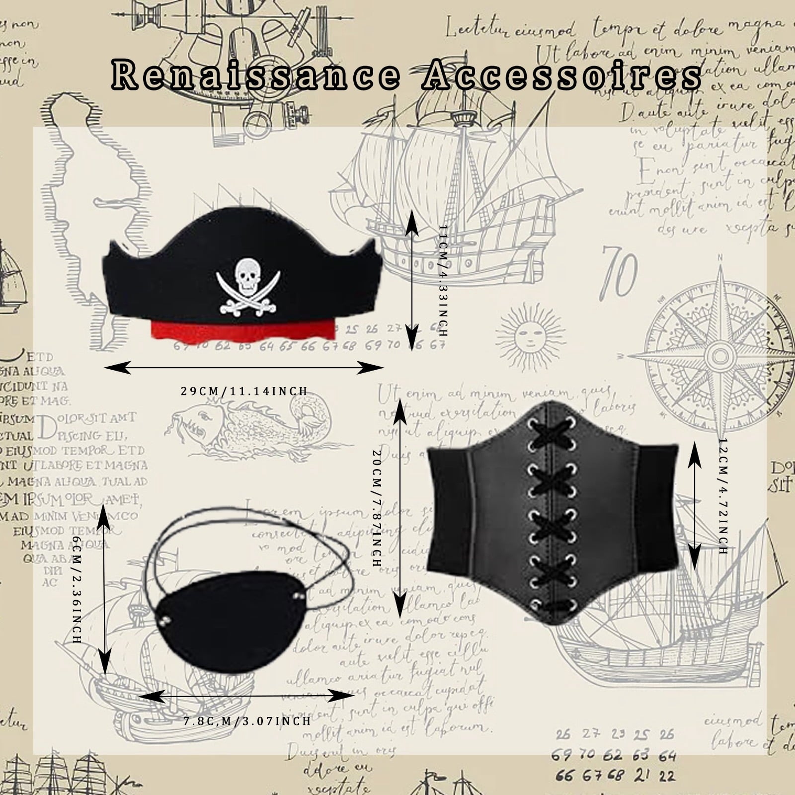 HNKMDK Adult Pirate Costumes for Women Halloween Queen Costumes Renaissance Shirts Pirate Skirts Turbans Waistbands Eye Masks(White,L)