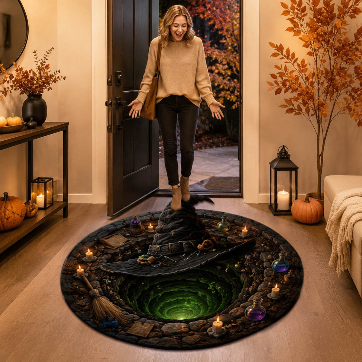3D Illusion Halloween Round Rug, Non Printed Optical Vortex Doormat, Spooky Circular Floor Mat for Indoor Entryway Home Party Decor 60x60cm
