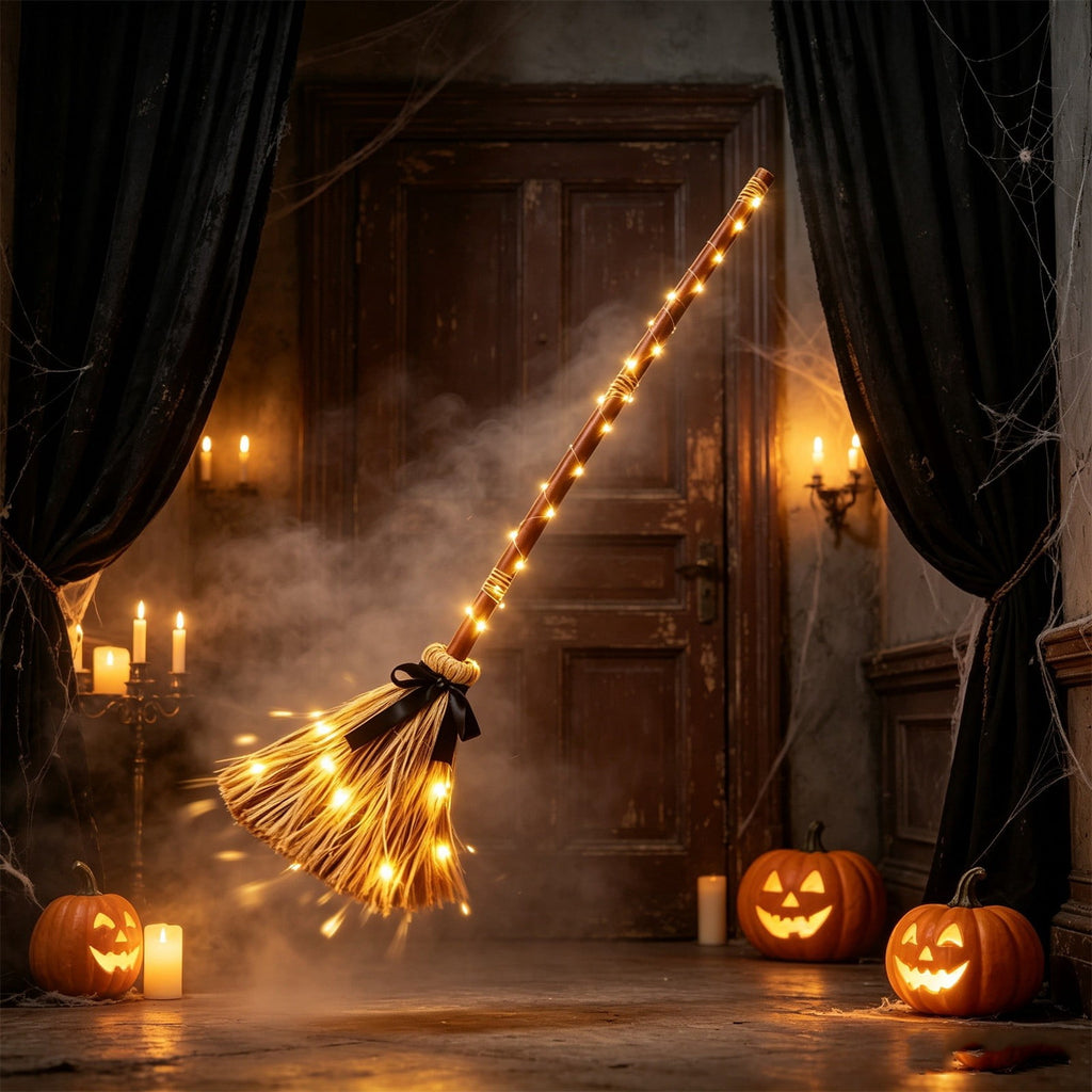 Halloween Decoration Indoor, 5.5 Ft Giant Light-Up Witches Broom, Rustic Halloween Decor for Porch, Yard, Front Door