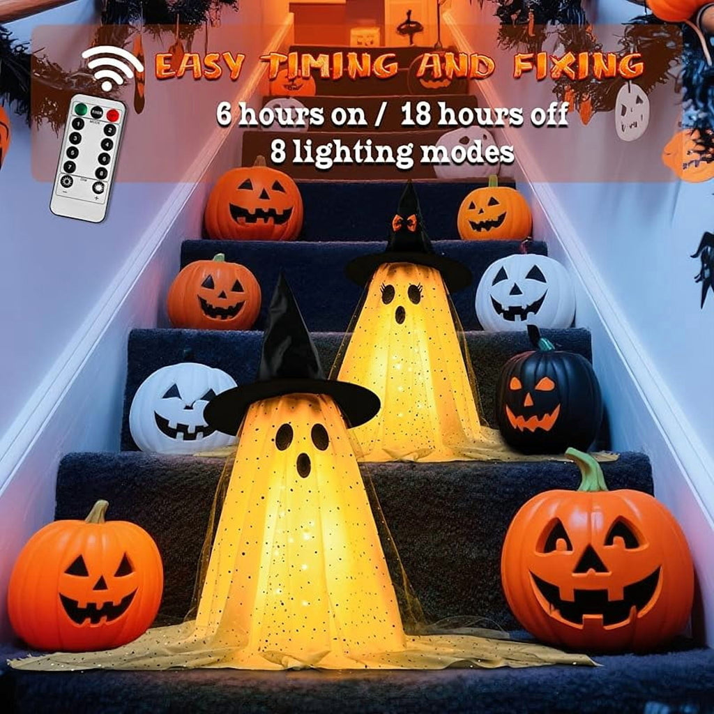 2-Pack Halloween Decorations Outdoor, Halloween Party Decorations Indoor, Ghost Decorations with Remote Control String Lights, Halloween Ghost Lights Suitable for Porch, Courtyard, Garden, Lawn