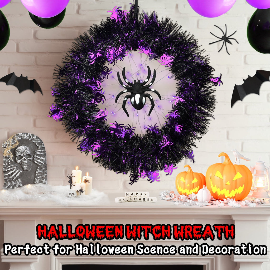 Halloween Wreath Halloween Spider Decorations Wreath with Lights, Halloween Spider Garland LED Halloween Door Wreath for Halloween Party, Halloween Decorations Outdoor Indoor Wall and Window