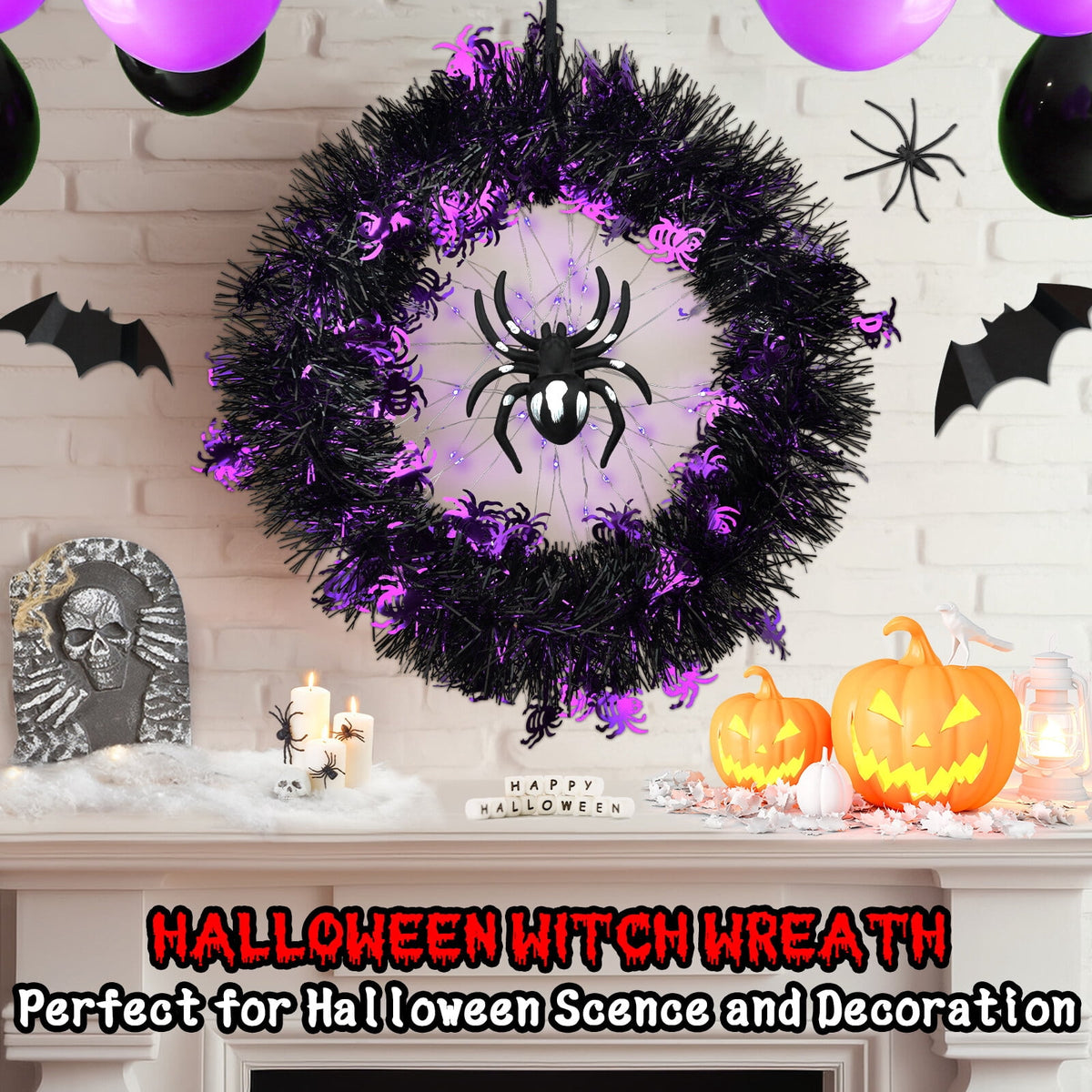 Halloween Wreath Halloween Spider Decorations Wreath with Lights, Halloween Spider Garland LED Halloween Door Wreath for Halloween Party, Halloween Decorations Outdoor Indoor Wall and Window
