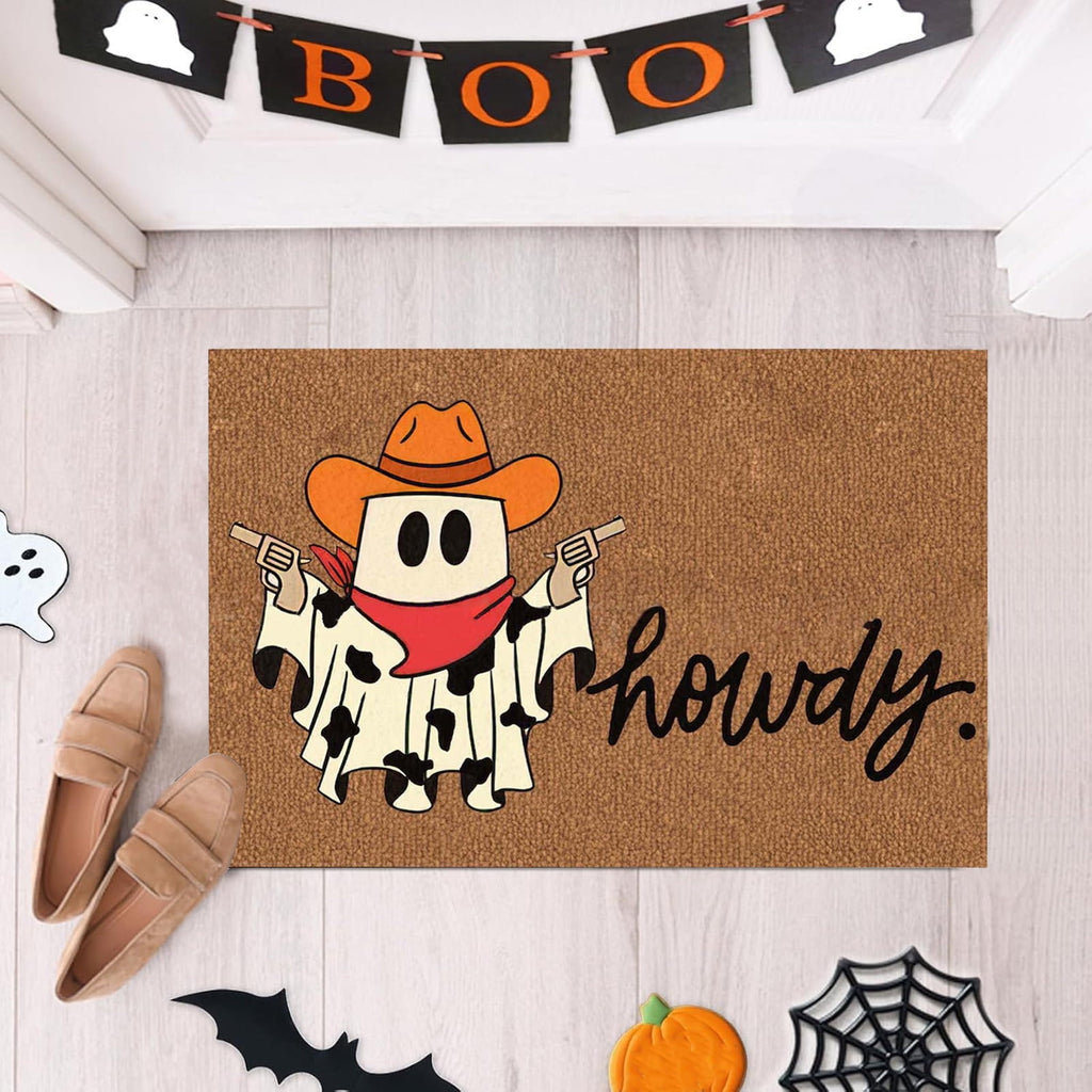 Holloyiver Halloween Fall Doormat, Cowboys Ghost Non Slip Outdoor Mat, Halloween Decorative Floor Mats, Welcome Ghost Coir Doormats Front Porch Rugs for Indoor Layering Entryway Decor