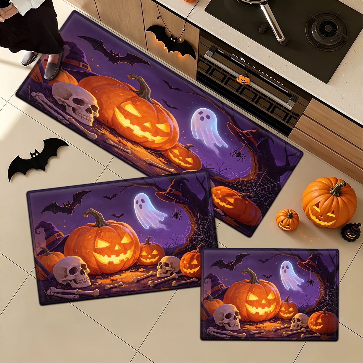 YIMEIS Halloween Pumpkin Lantern 3Pcs Flannel Mat & Kitchen Rugs Set,16''×24'' 20''×30'' 17''×47'' Inches,Soft Non-slip for Home Bathroom