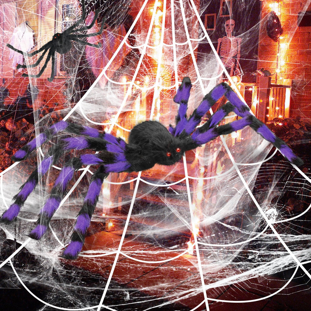 Innens 11.8ft Halloween 144 LED Purple Spider Web Lights with 35" Giant Spider Light up Cobweb Halloween Decorations for Indoor Ourdoor Garden Yard Home Patio (Black, 1Pc)