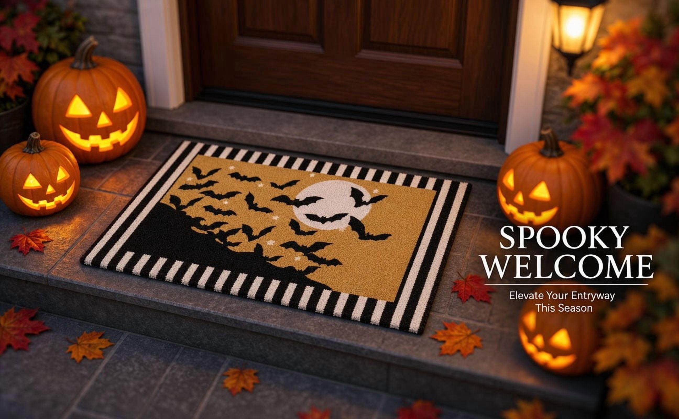 Dpityserensio Halloween Doormat Black Bat and Moon with Striped Border Non-Slip Washable Indoor Outdoor Rug, Vintage Fall Decor