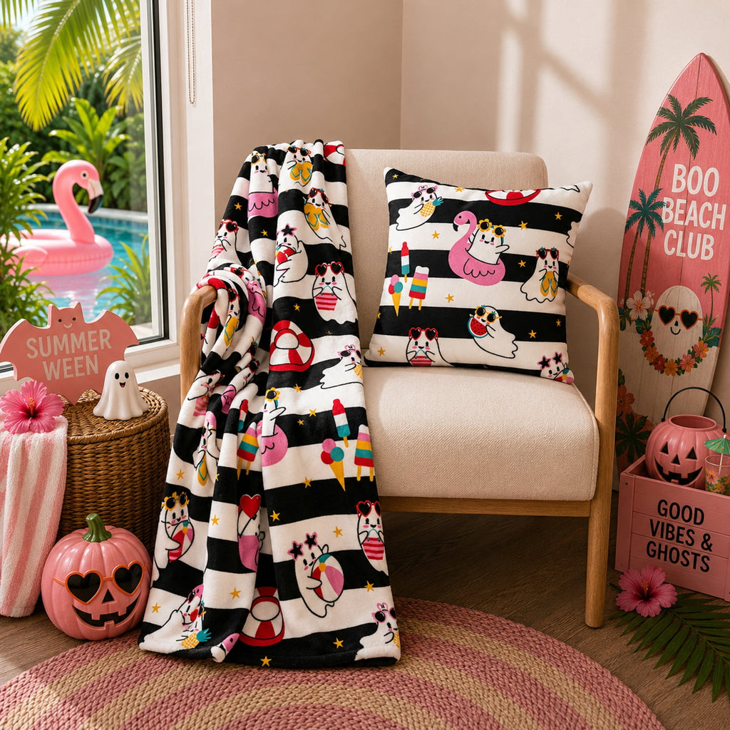 Summerween 18"x18" Plush Decorative Pillow, Vacation Ghosts