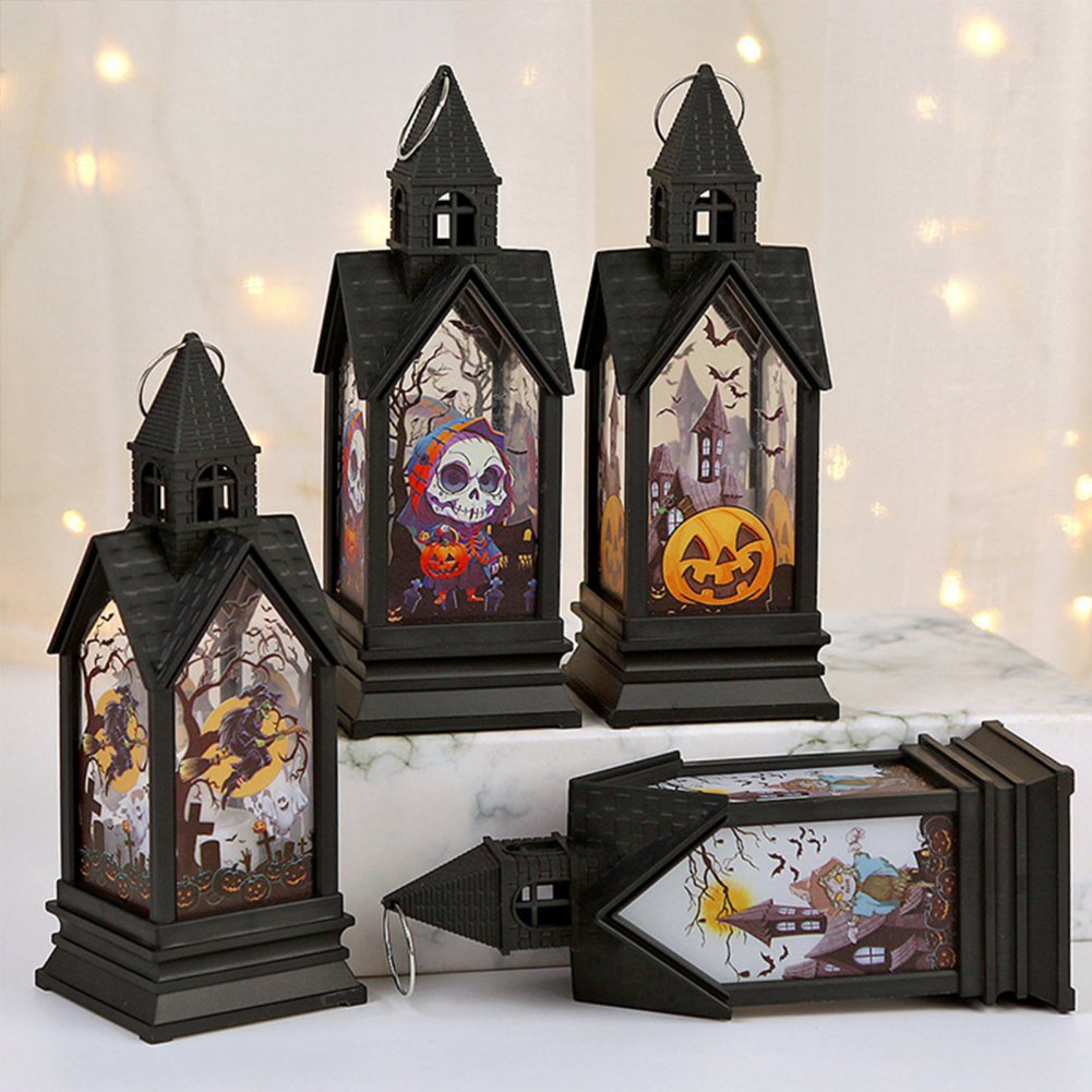 4 Pack Halloween Lanterns Portable Orange Candle LED Halloween Lamp Lights, Spooky Skeleton Owl Bat Castle Flame Lights Decorative Hanging Lanterns for Indoor Outdoor Home Party Porch House Bar